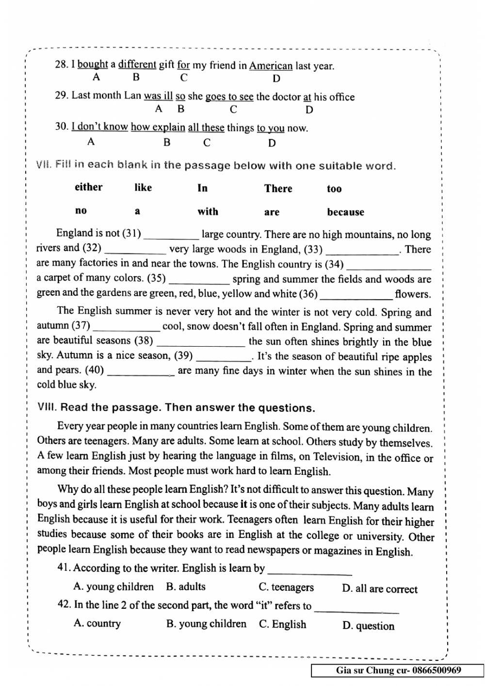English 6 - Đề số 20