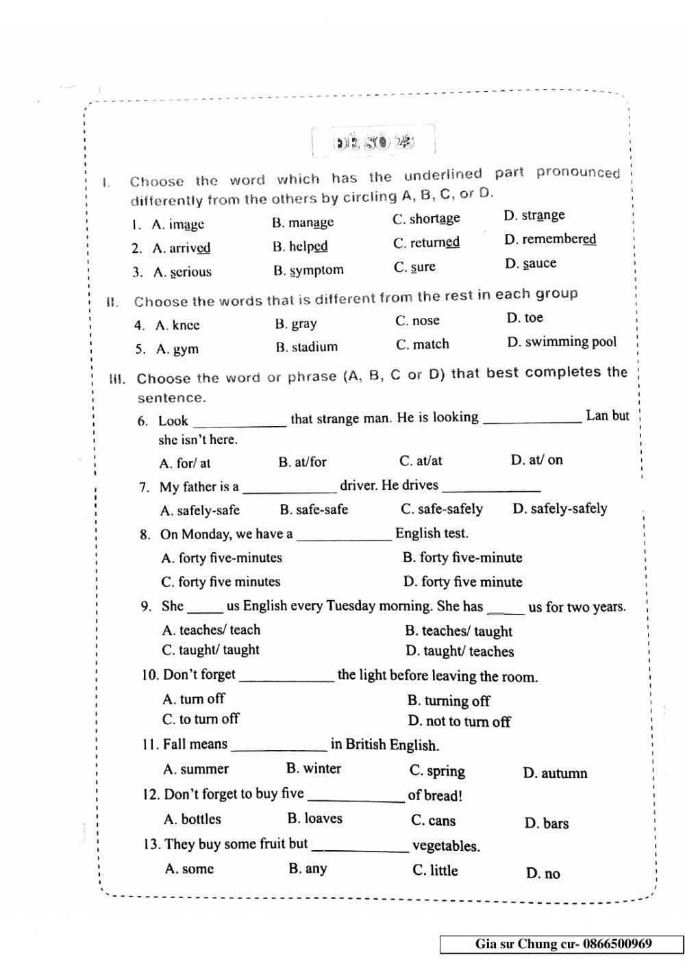 Chinh Phục bộ đề thi Tiếng Anh vào lớp 6 - Đề 23