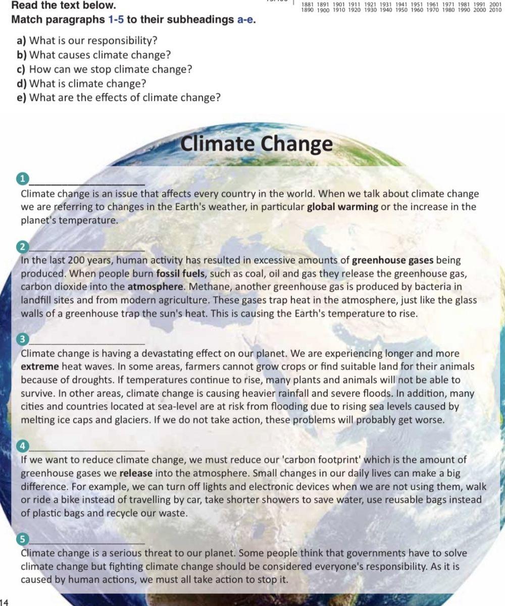 Climate change reading text online exercise for live worksheets