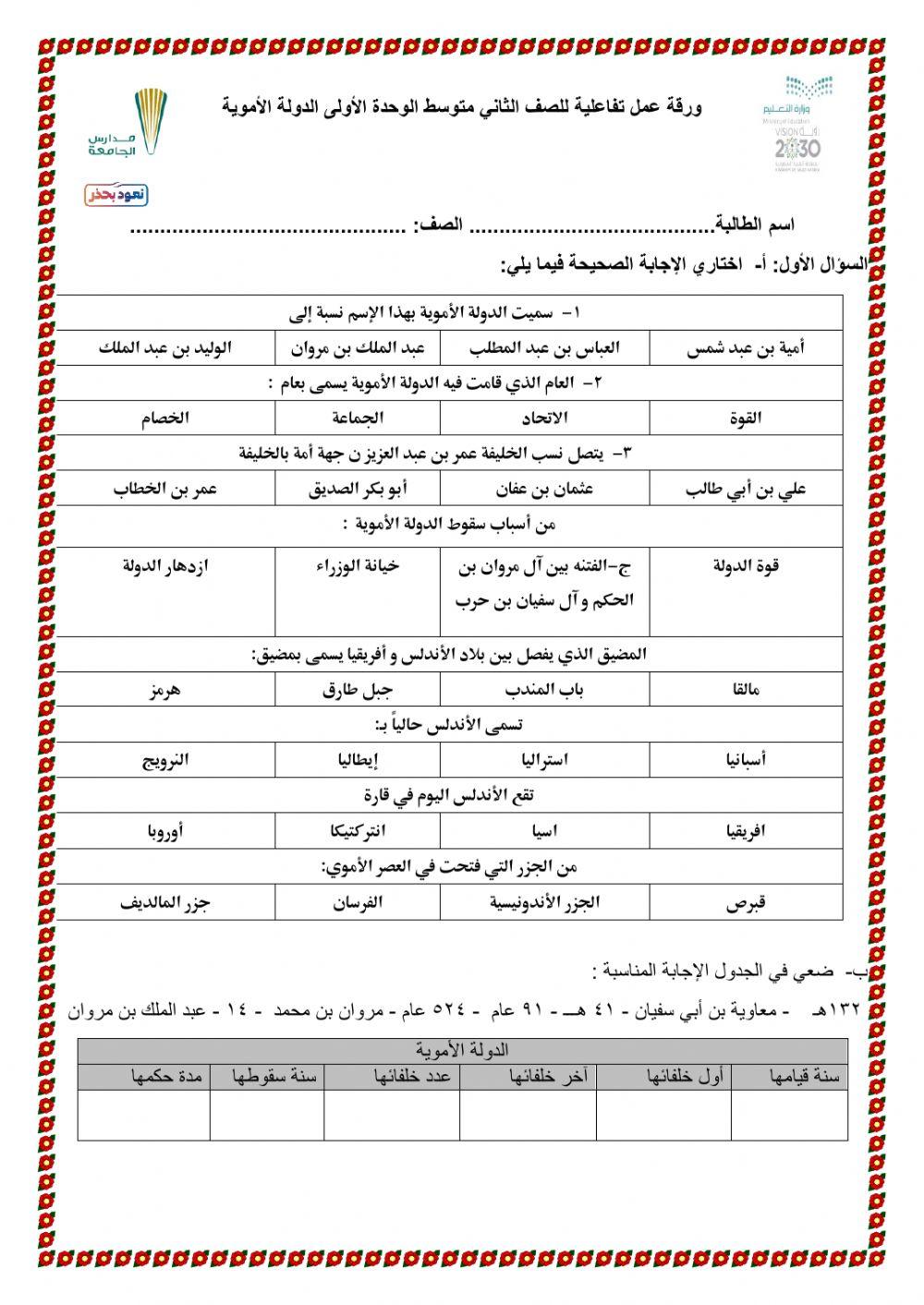 ورقة عمل تفاعلية الوحدة الأولى ( الدولة الأموية )