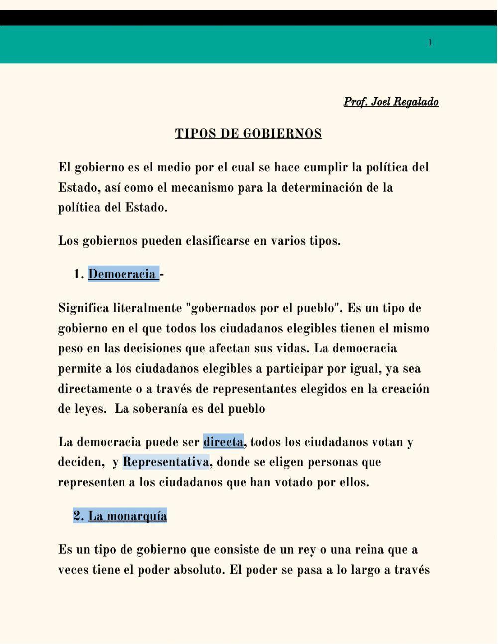 Tipos y formas de gobierno principales