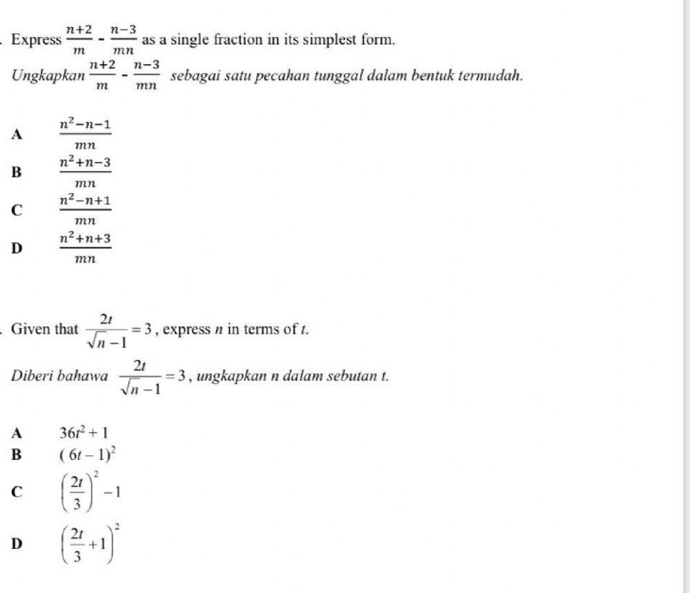 Algebra SPM Paper 1