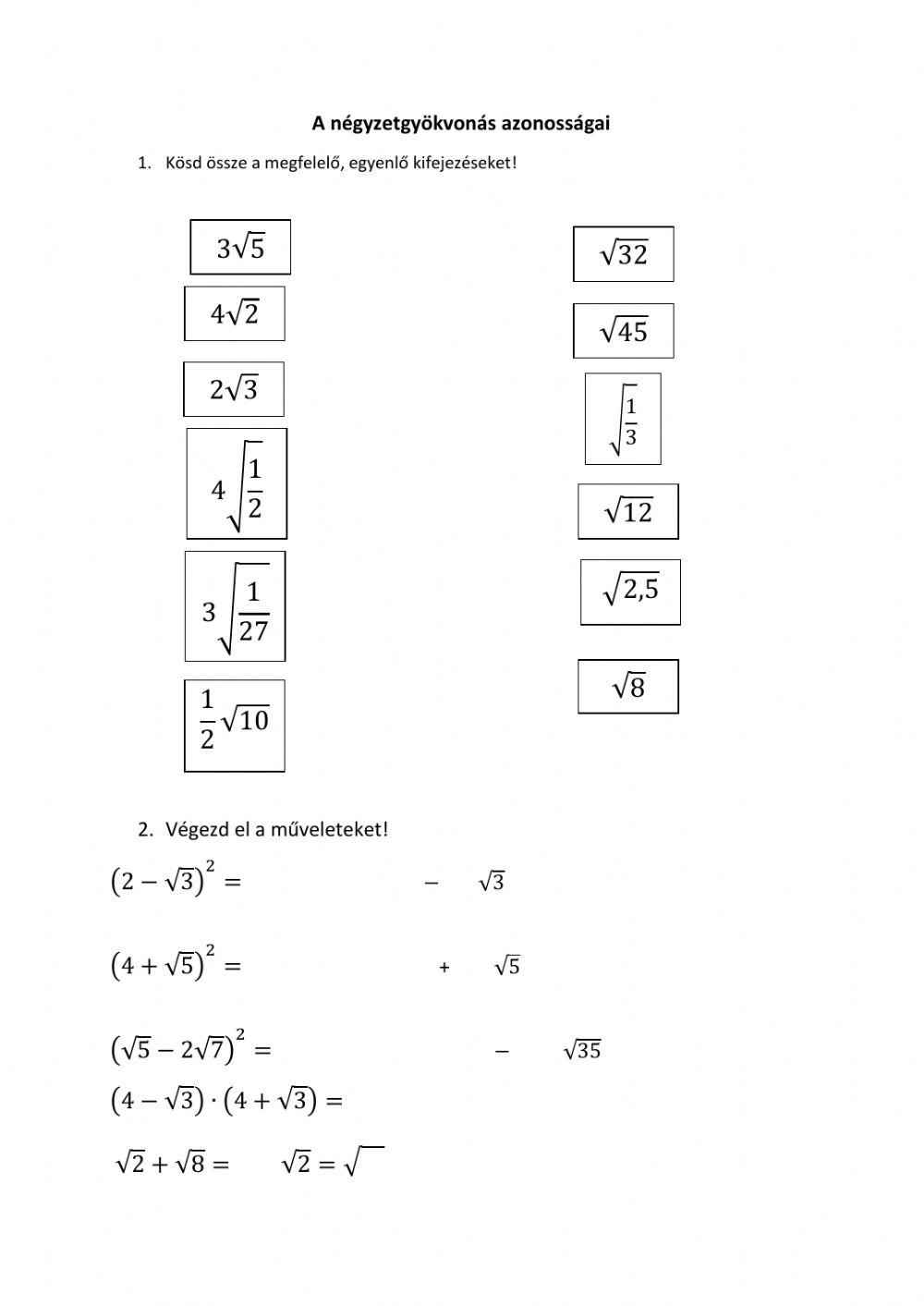Négyzetgyökvonás azonosságai