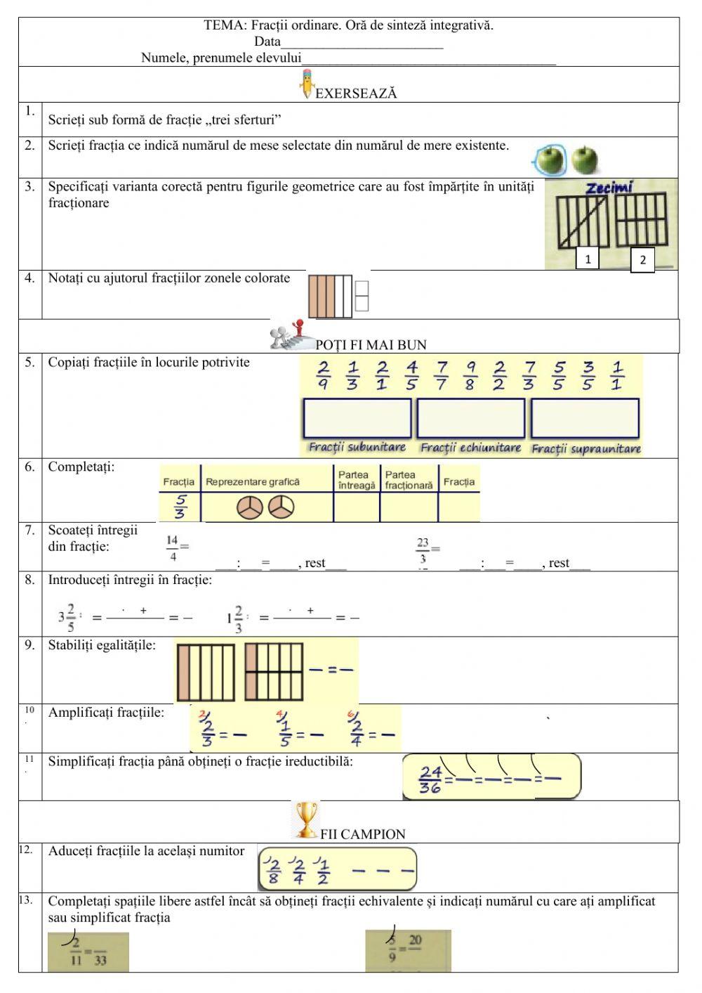 Oră de sinteză fracții ordinare