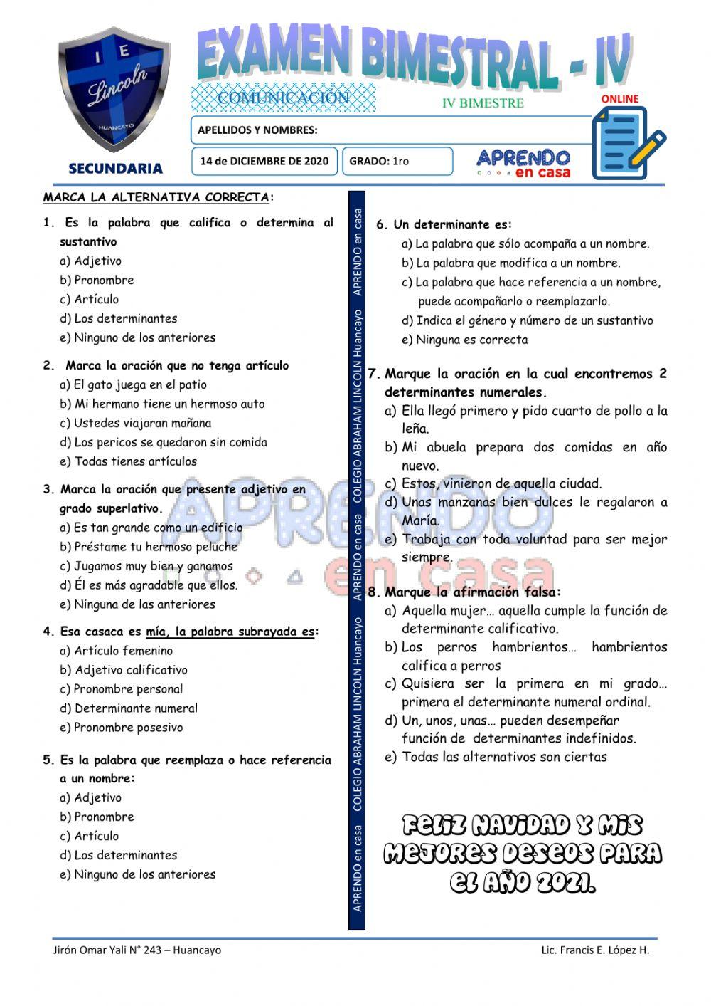 Exam. 4to Bim - 1ro de Secundaria