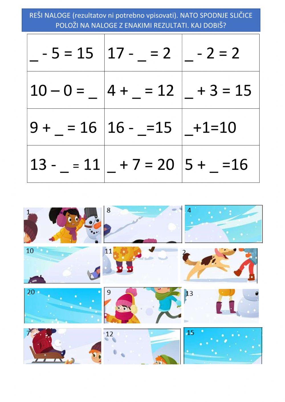 Matematična sestavljanka - računam do 20 Matematična sestavljanka - računam do 20