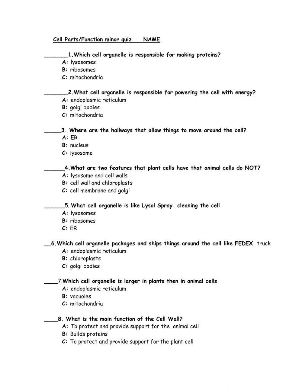 Cell Structure -Ffunction quiz