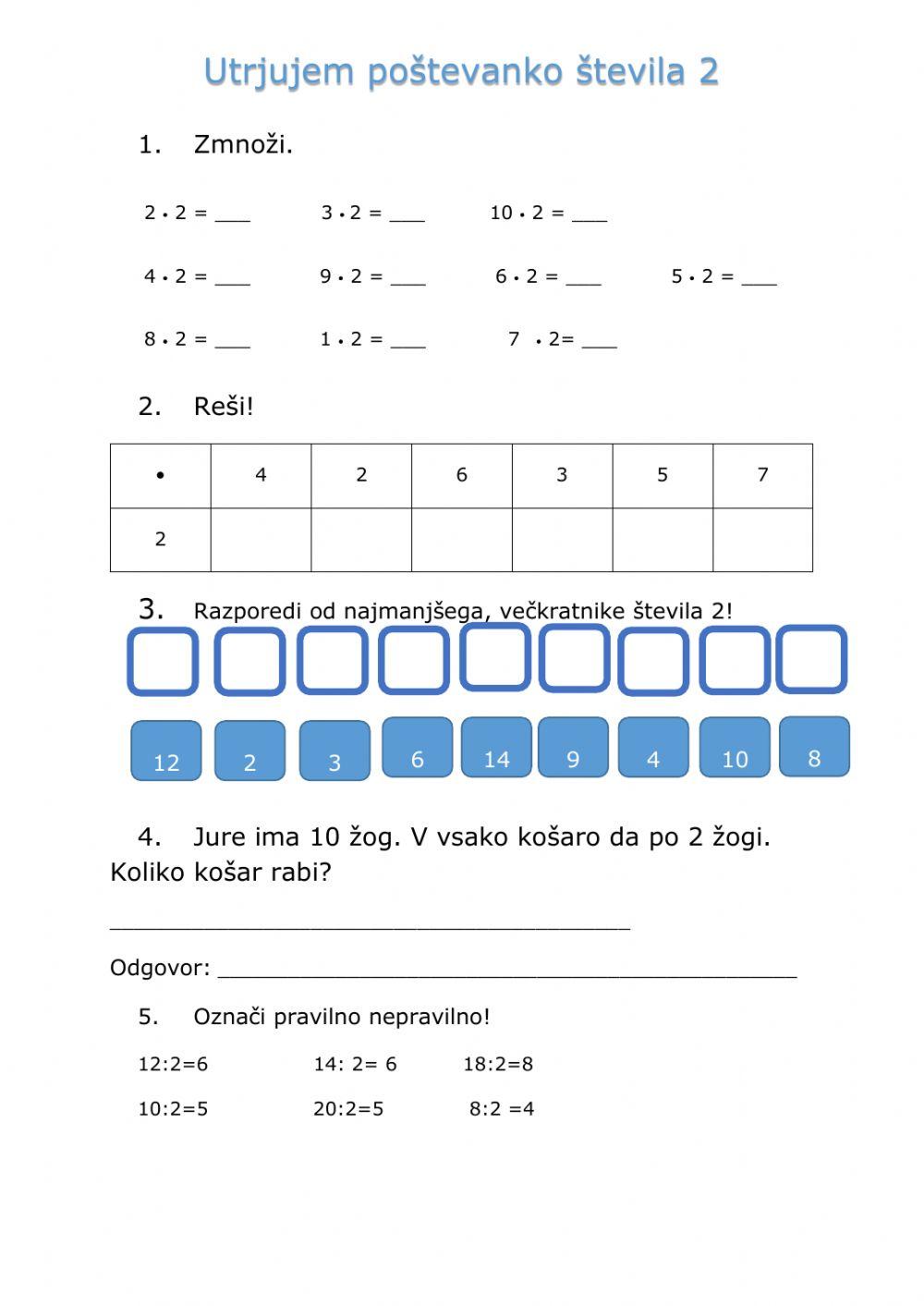 Utrjevanje poštevanke števila 2