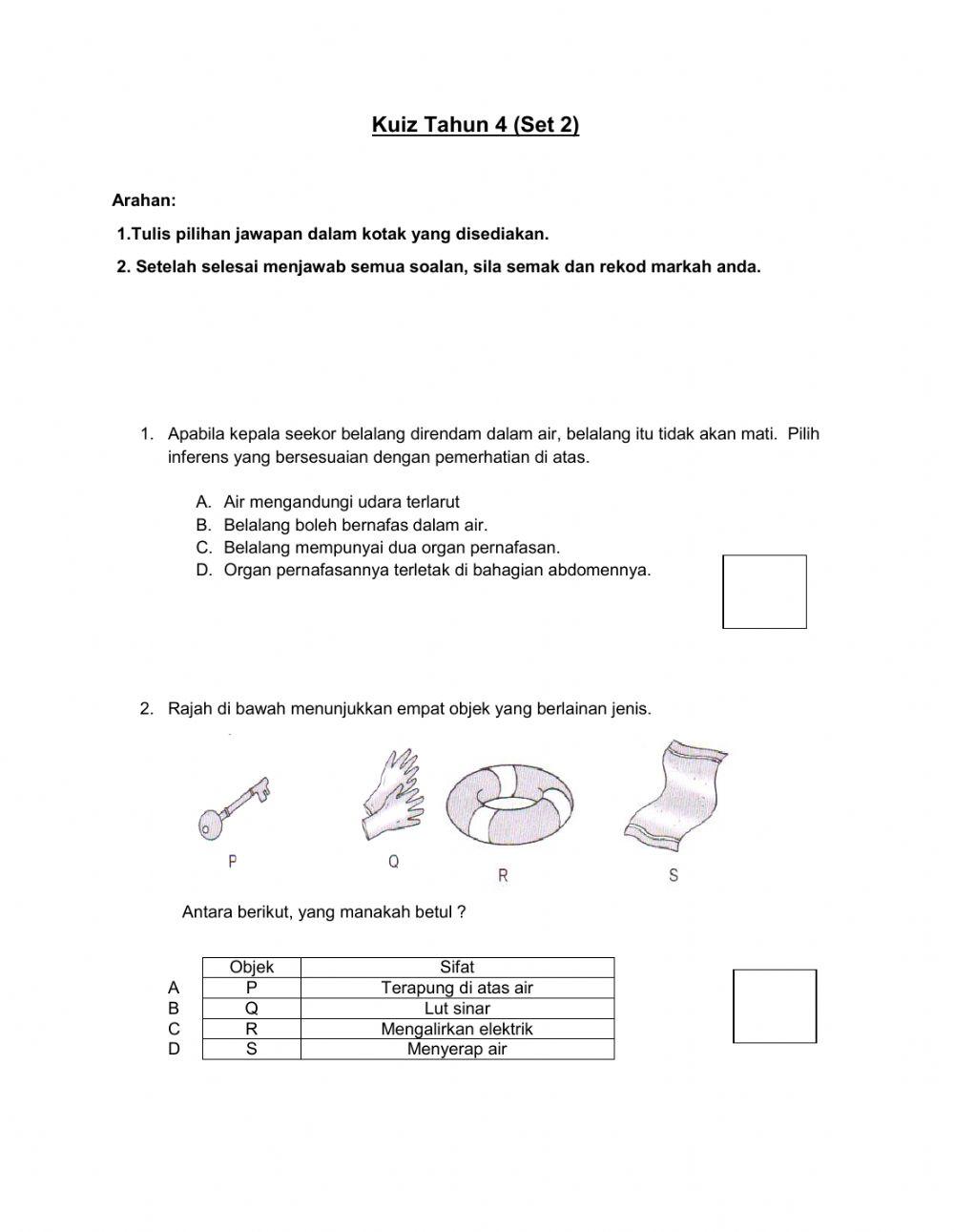Kuiz Sains Tahun 4 (Set 2)