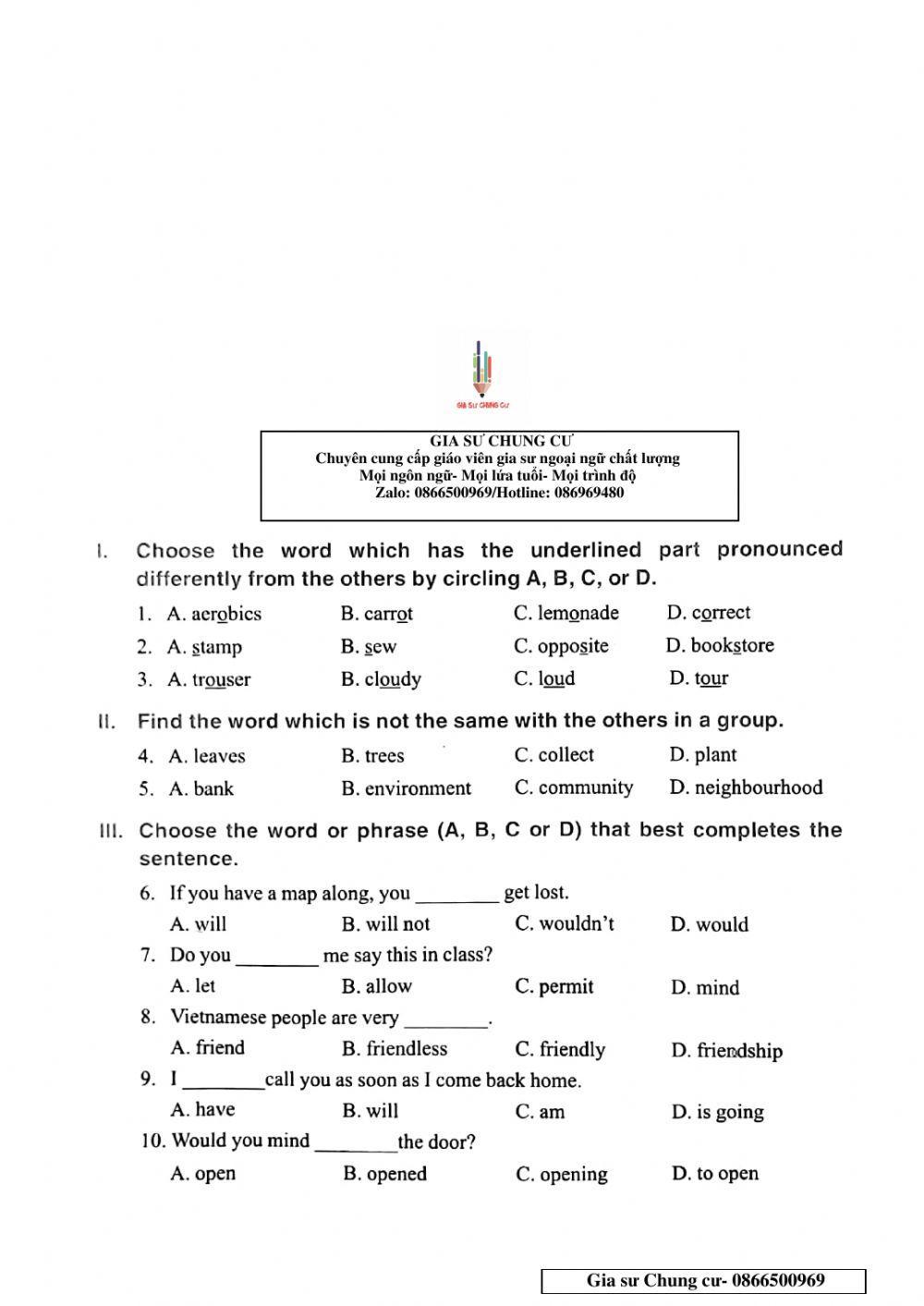 Chinh Phục bộ đề thi Tiếng Anh vào lớp 6 - Đề 26