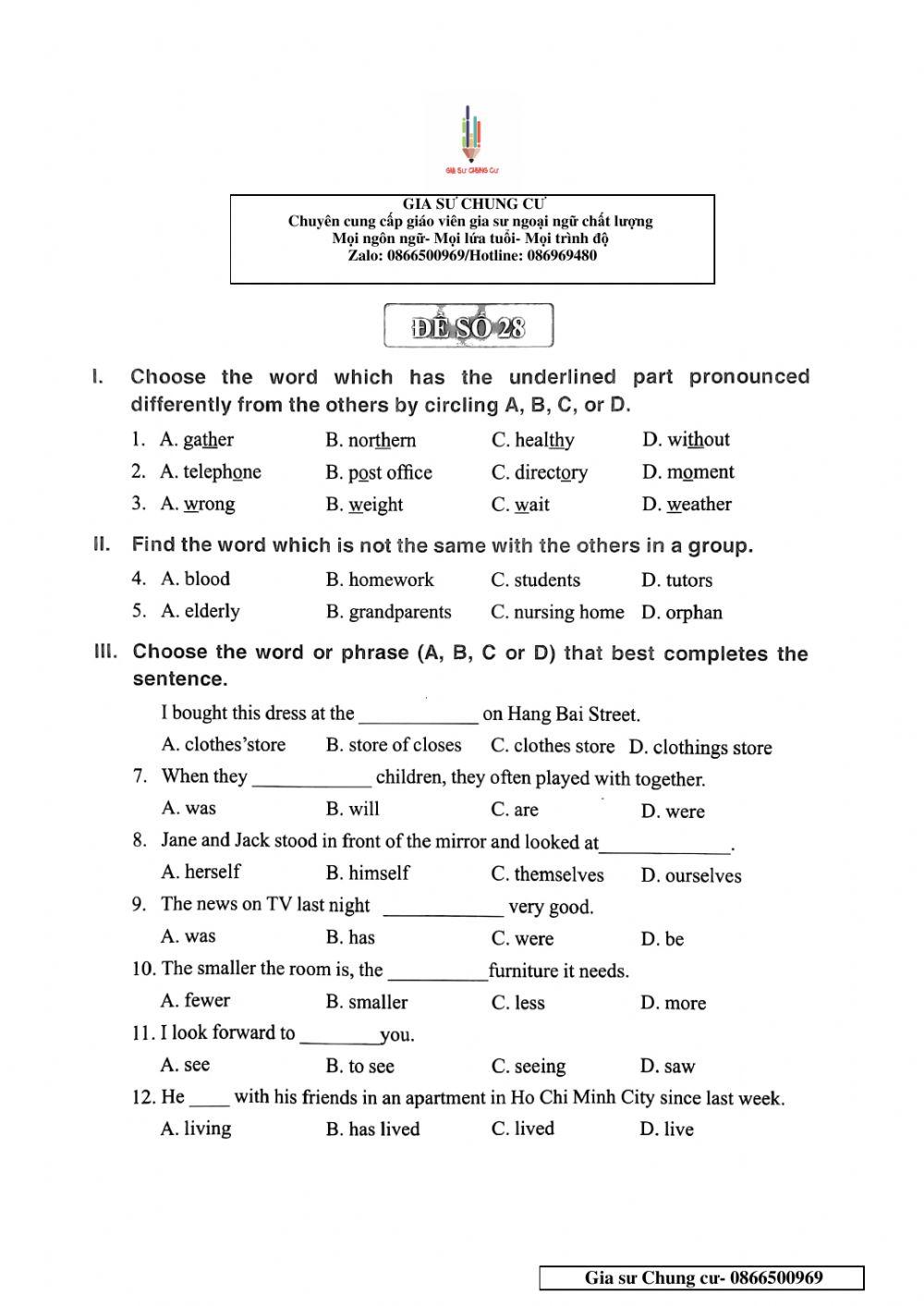 Chinh Phục bộ đề thi Tiếng Anh vào lớp 6 - Đề 28