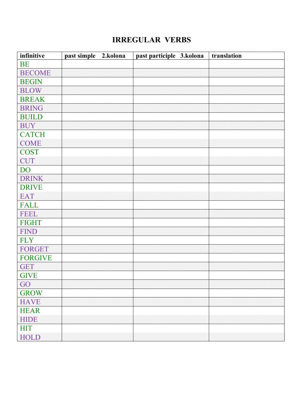 Irregular verbs a -h