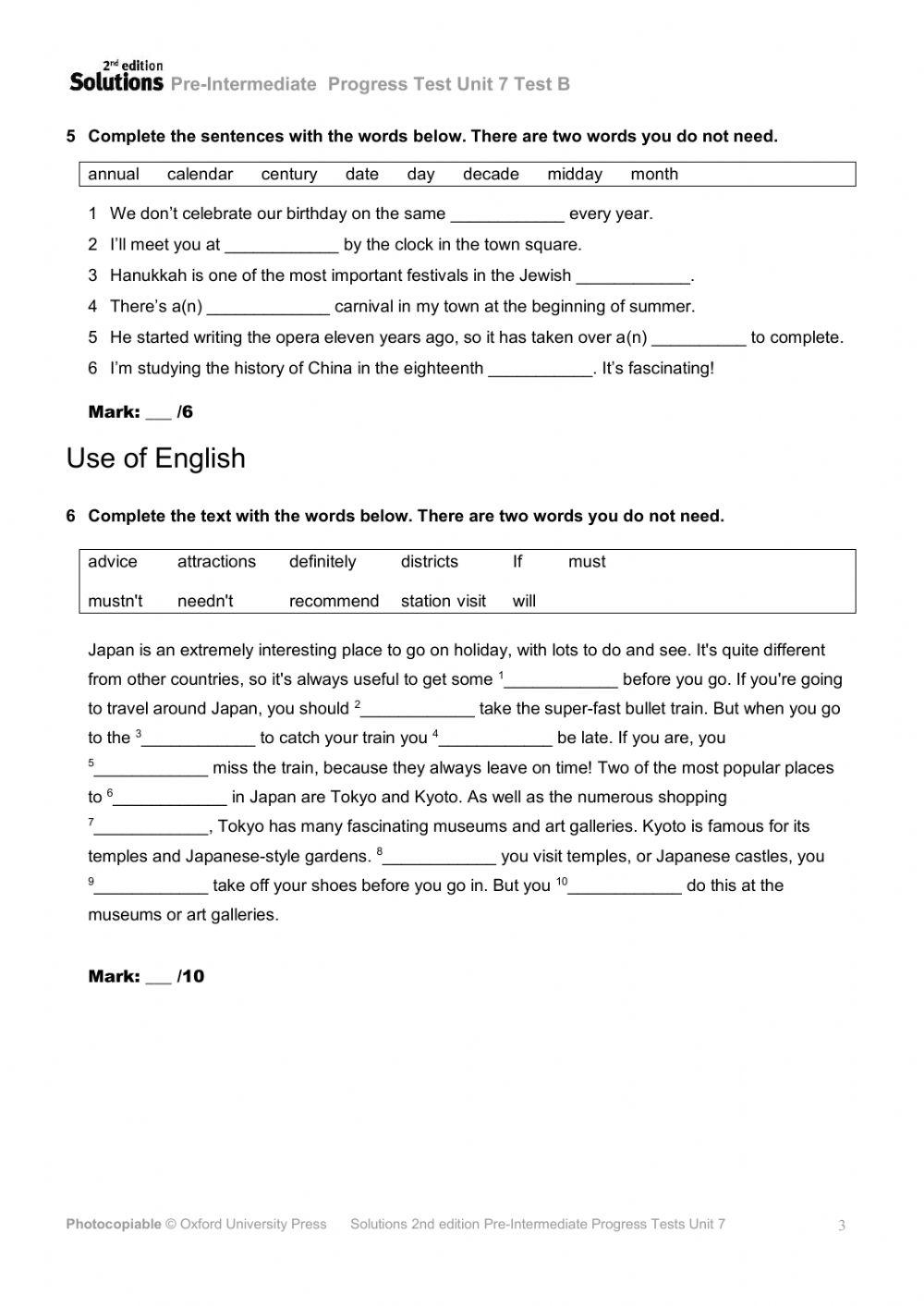 Unit 7, Pre-Intermediate Level