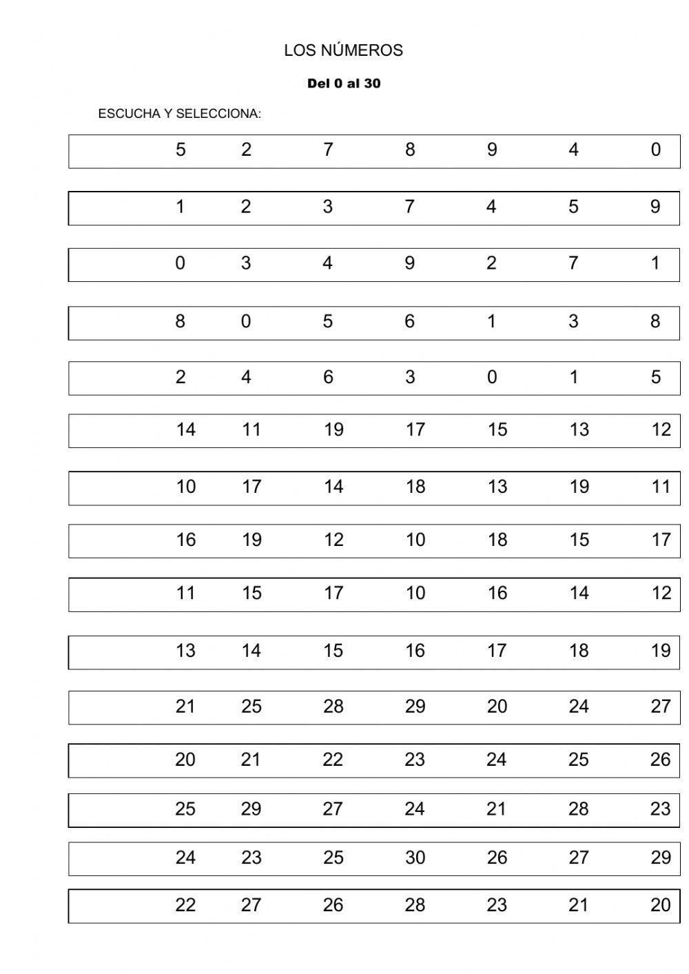 Los números del 0 al 30