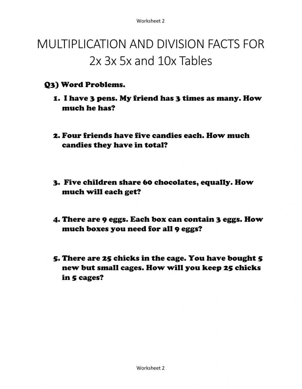 Multiplication and Division facts for 2x,3x,5x and 10x tables - Word Problems