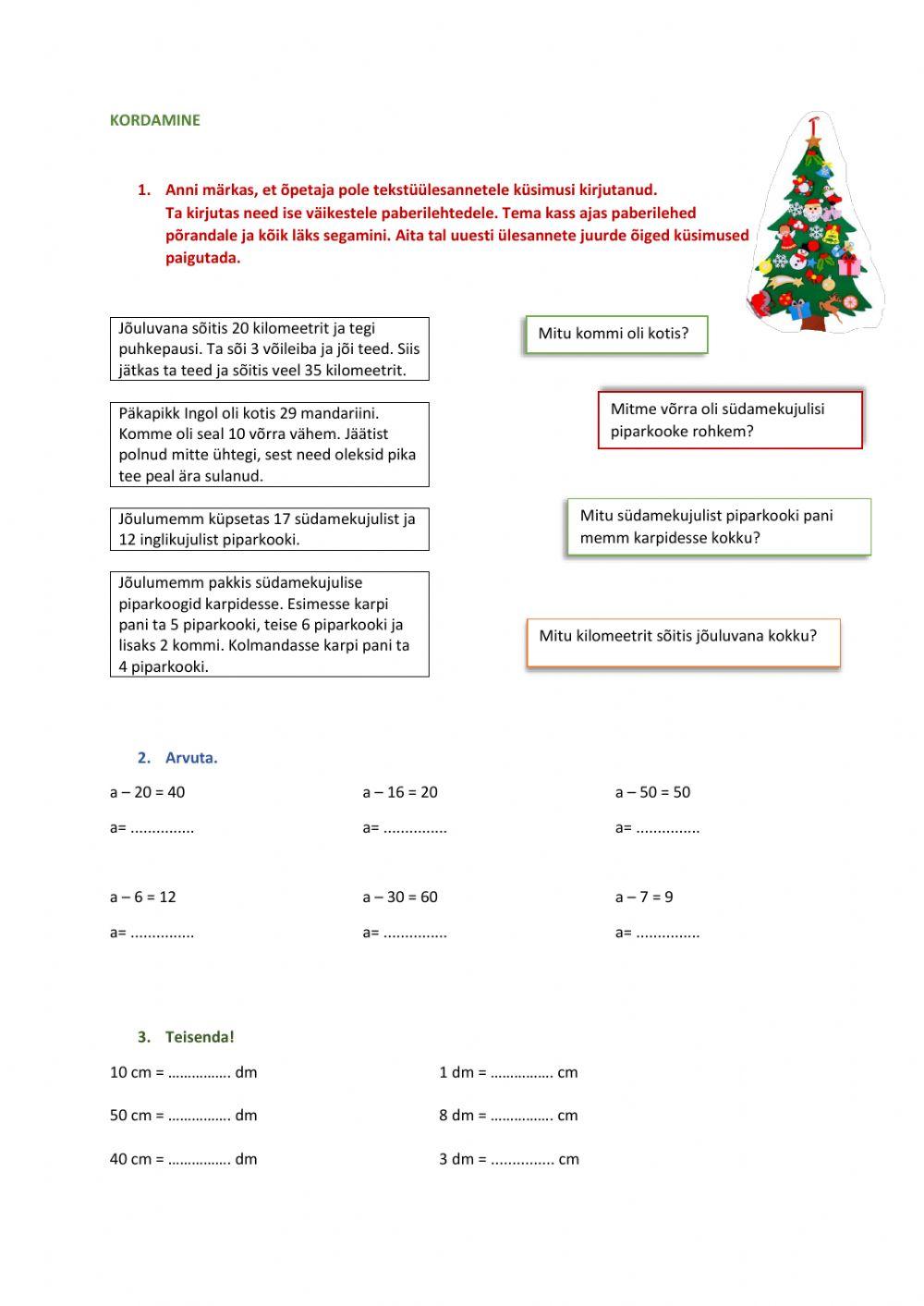 2.kl matemaatika kordamine enne jõule