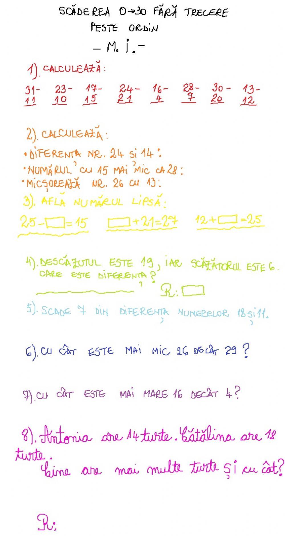 Scaderea numerelor de la 0-30 fara trecere peste ordin