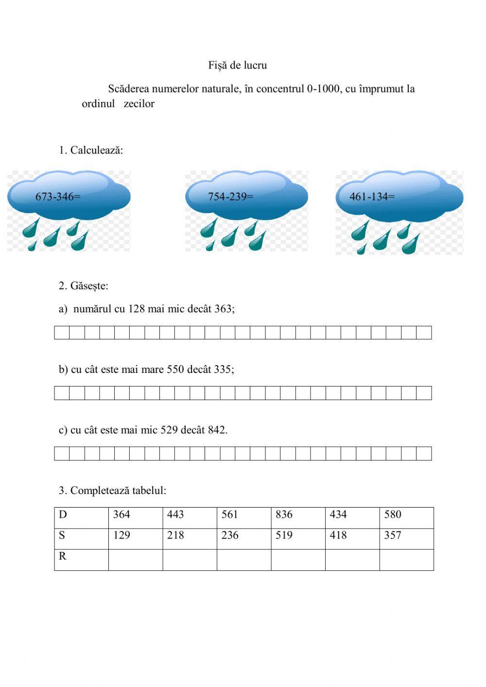 Scăderea numerelor naturale, în concentrul 0-1000, cu împrumut la ordinul zecilor