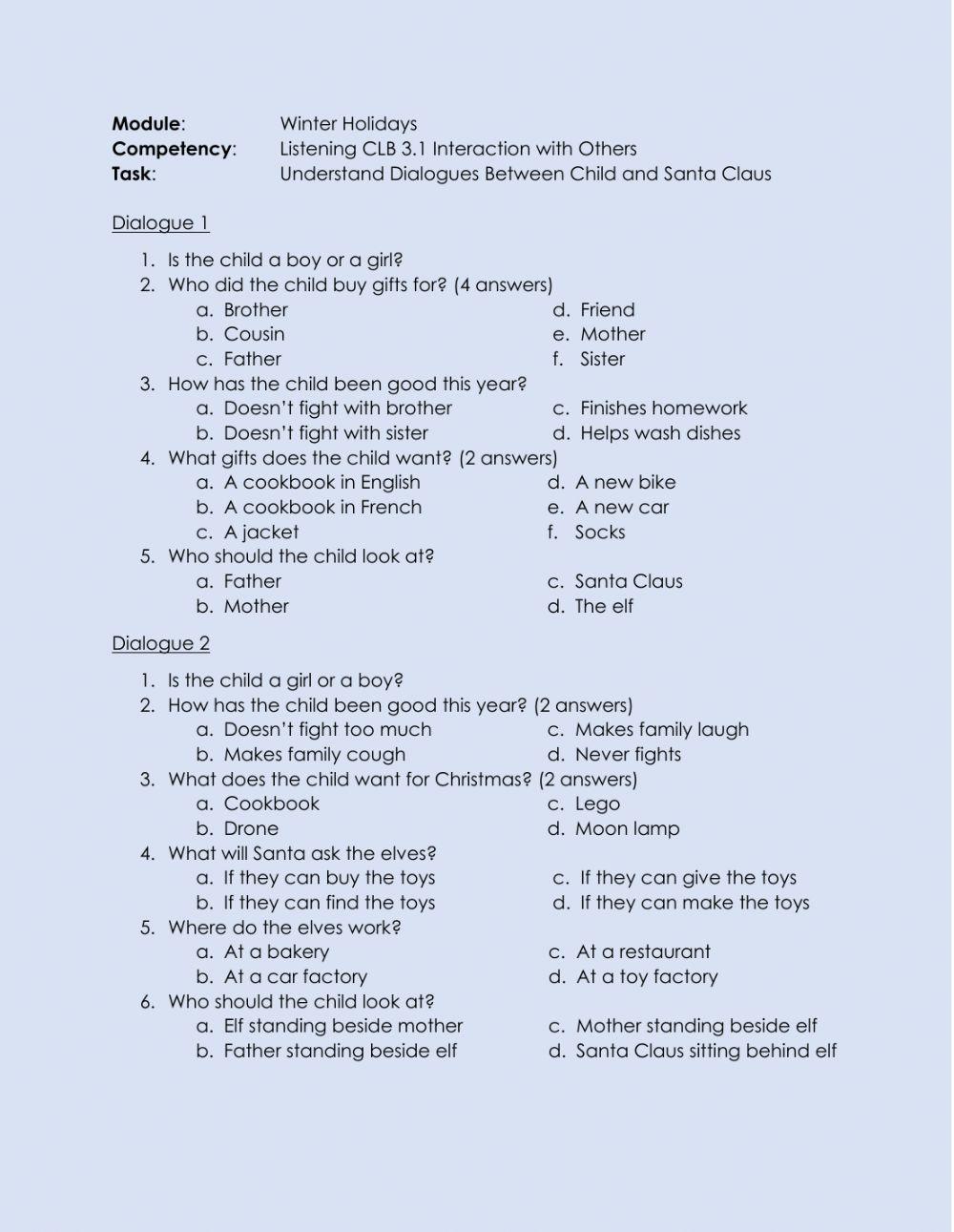 Listening CLB 3.1 IWO - Understand Dialogues Between Santa and Child