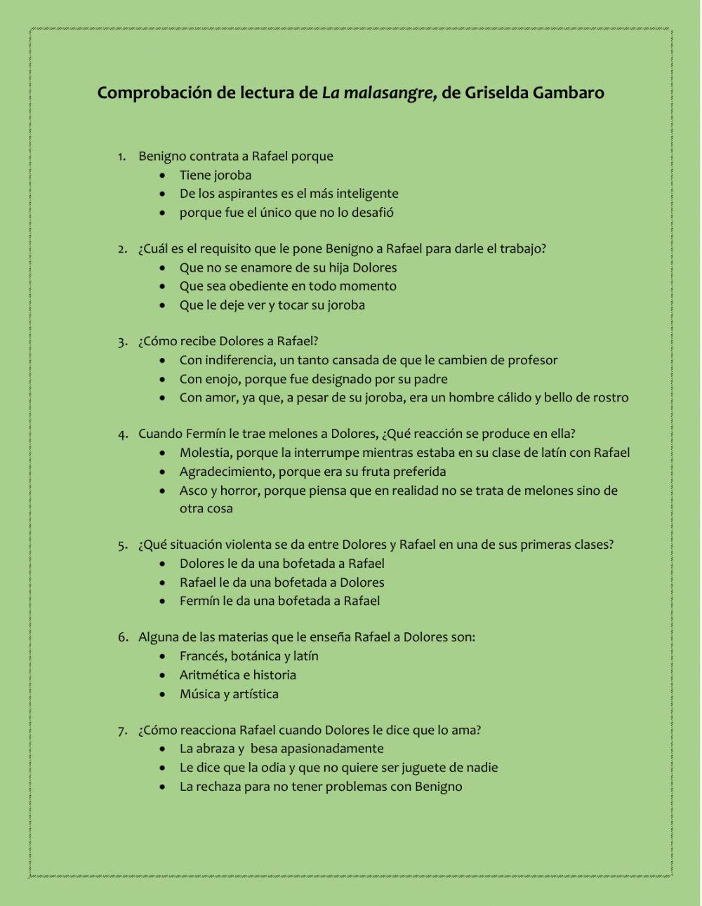 Comprobación de lectura de La malasangre