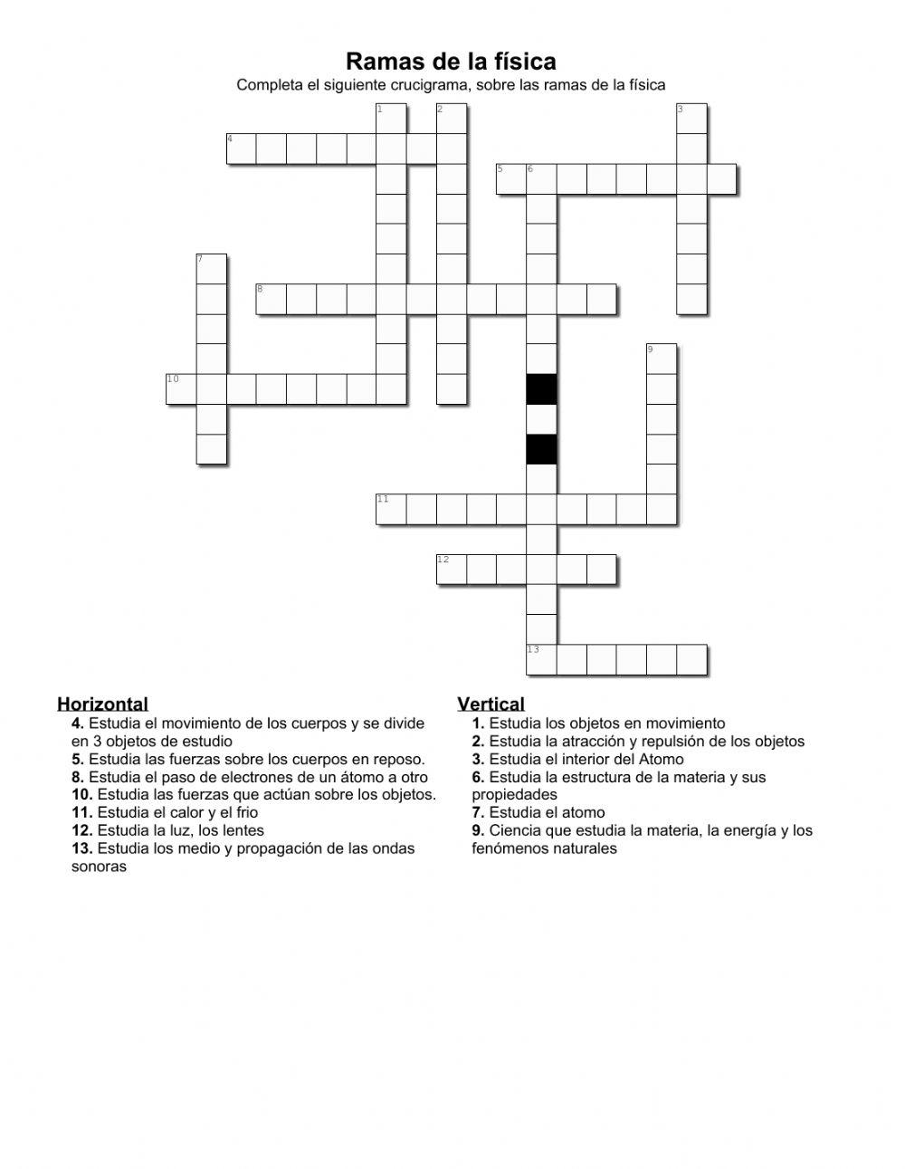 Crucigrama Ramas de la física