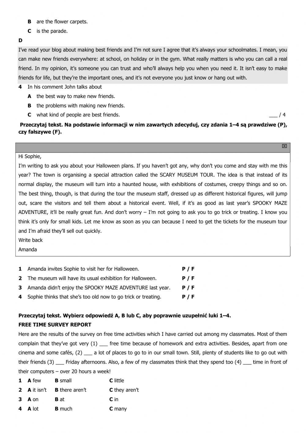 Reading and grammar test