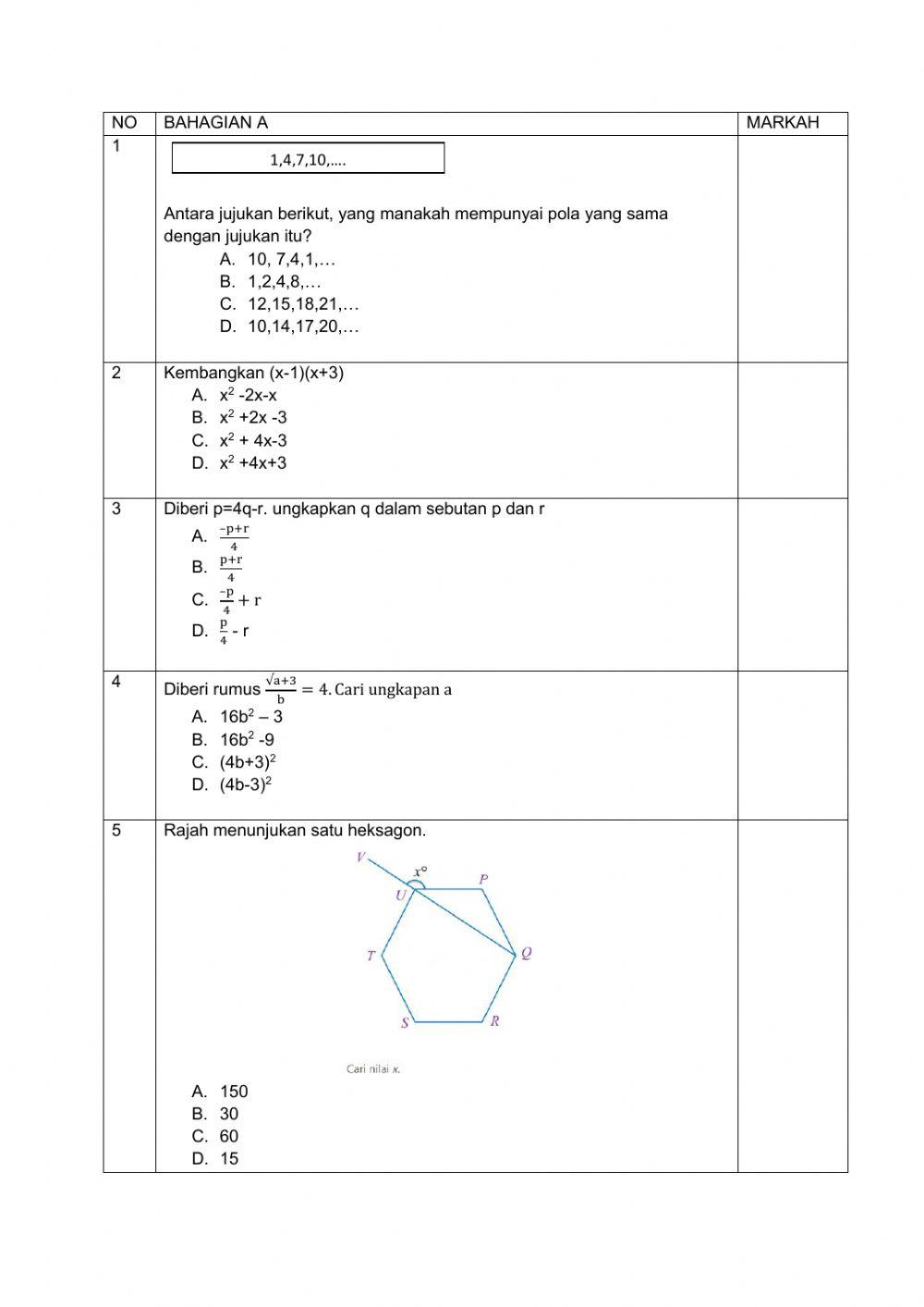 Bahagian A PAT Matematik Tingkatan 2