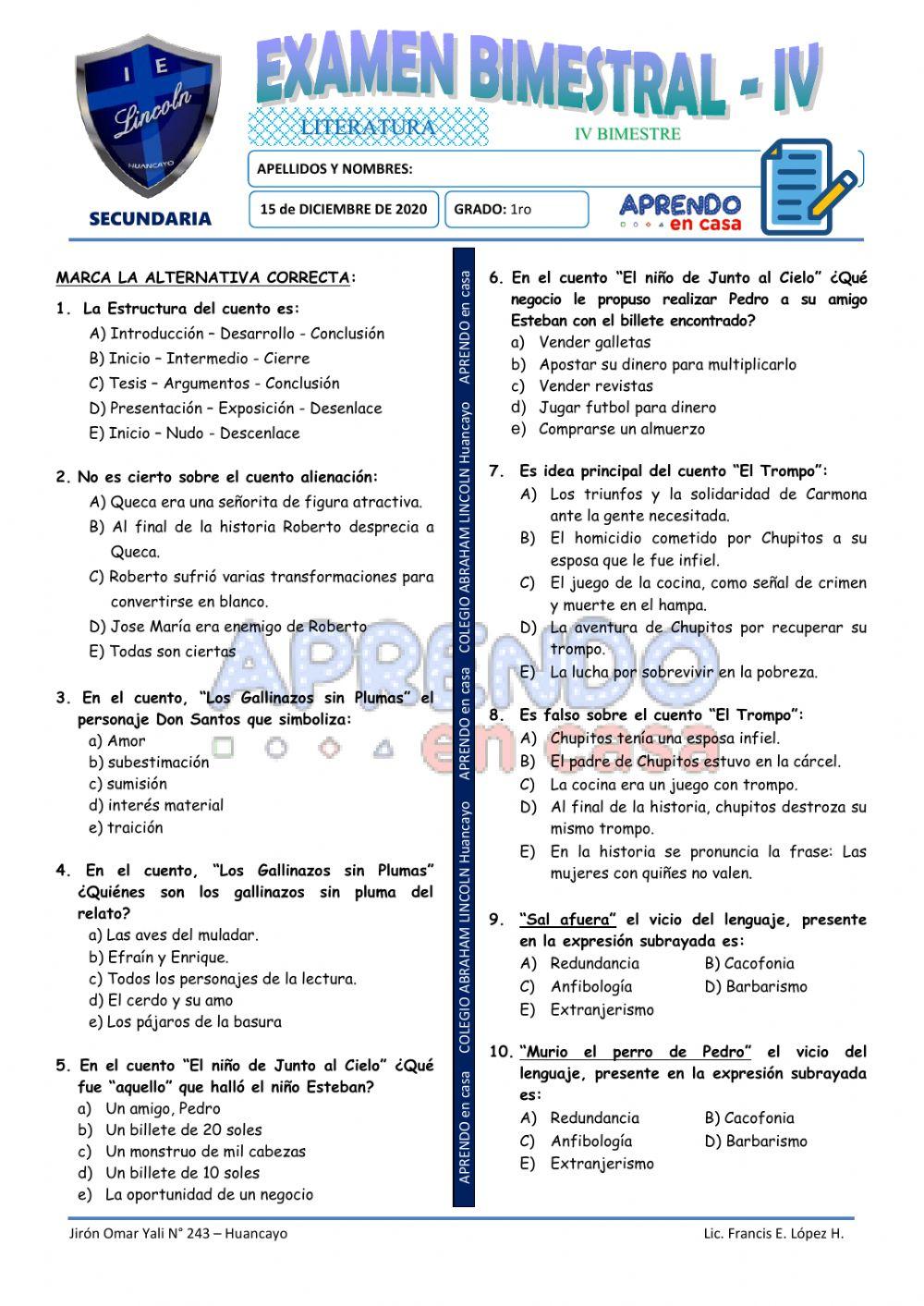 Exam. IV Bim - 1ro de Secundaria