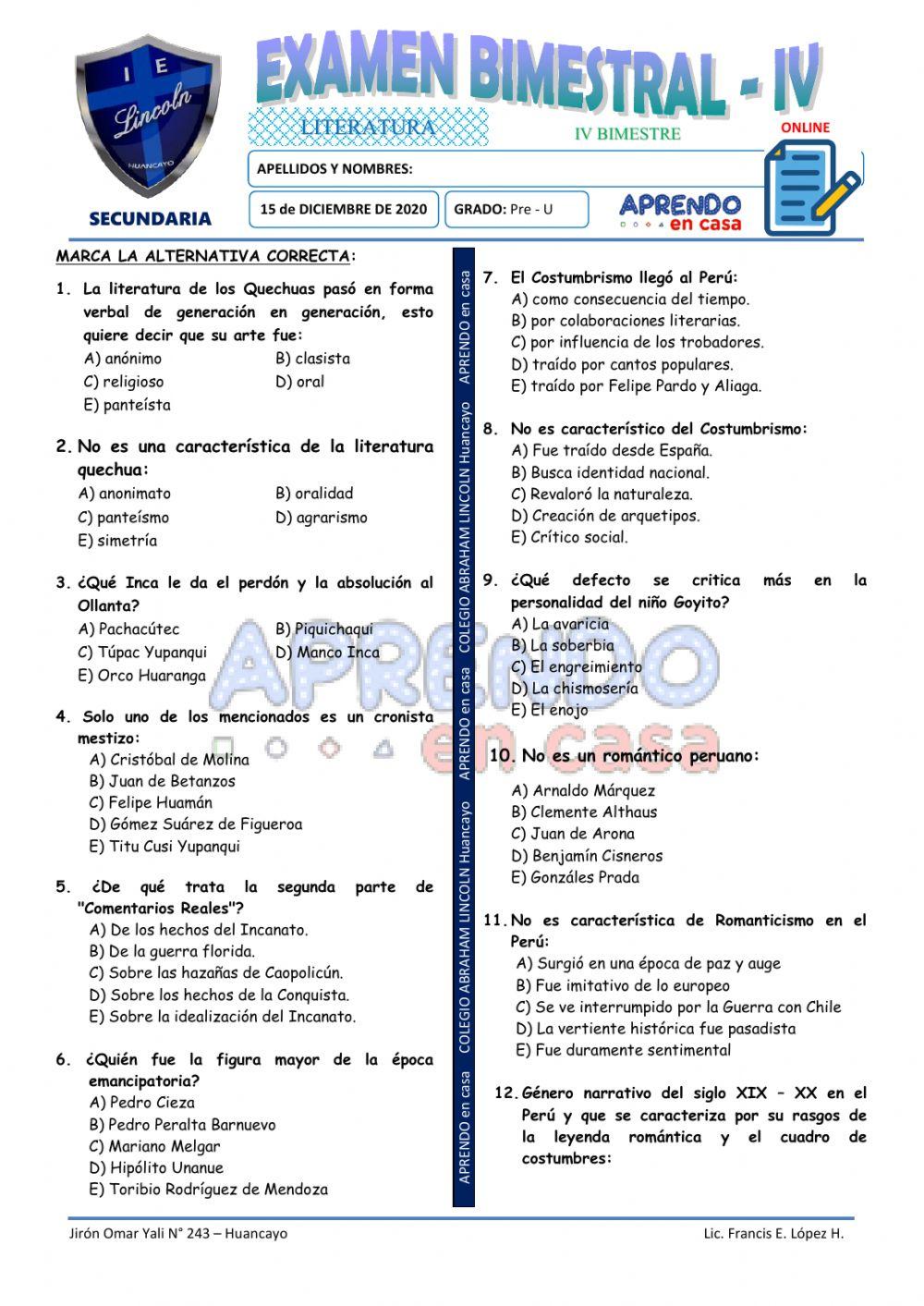 Exam. 4to Bim - Pre - U - LIT