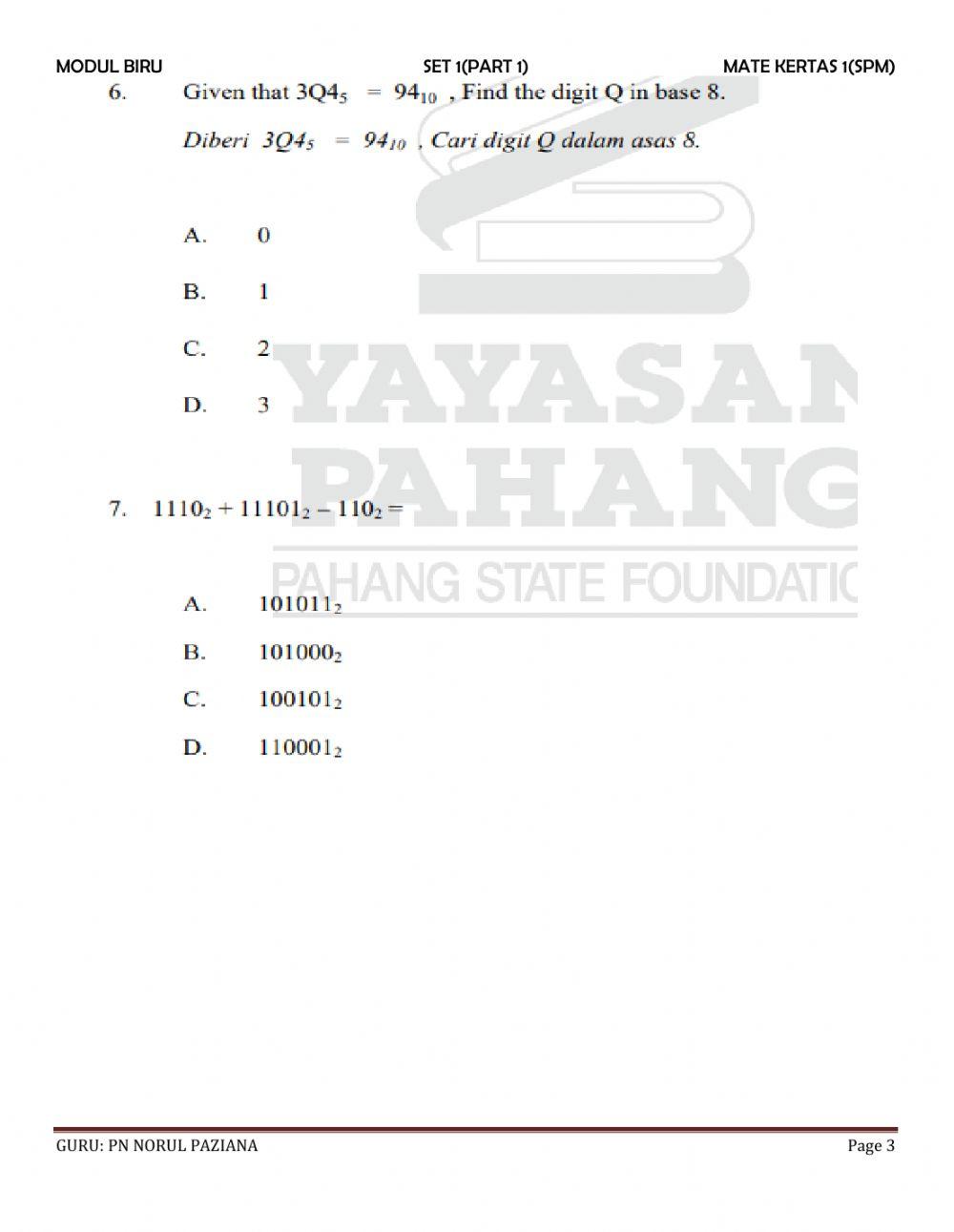 Latihan matematik kertas 1
