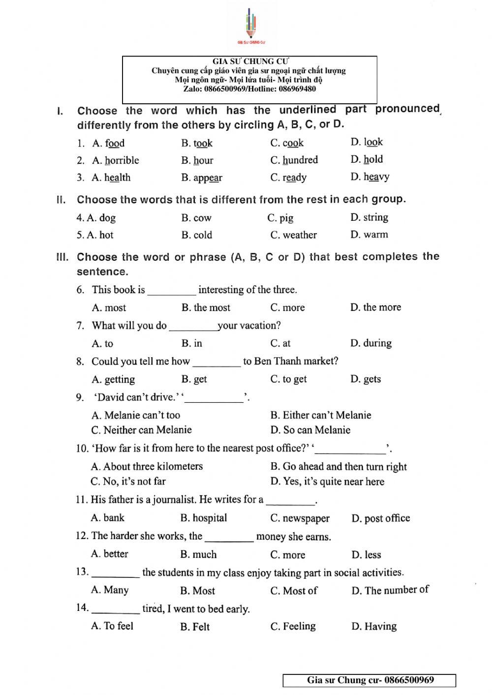 English 6 - Đề số 30