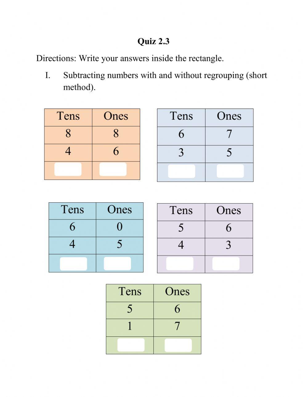 Subtraction with and without regrouping online exercise for Live
