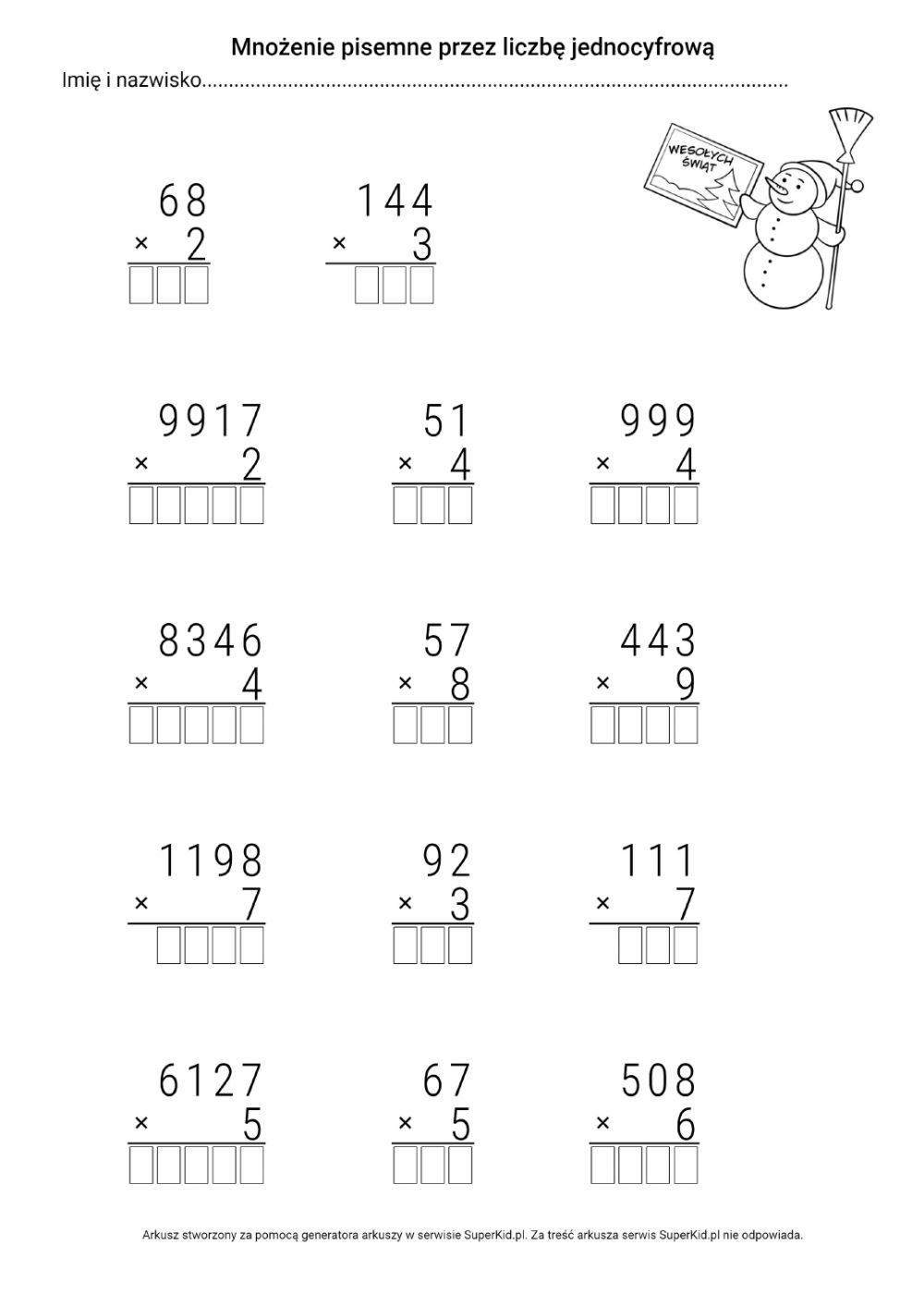Mnożenie pisemne przez liczbę jednocyfrową