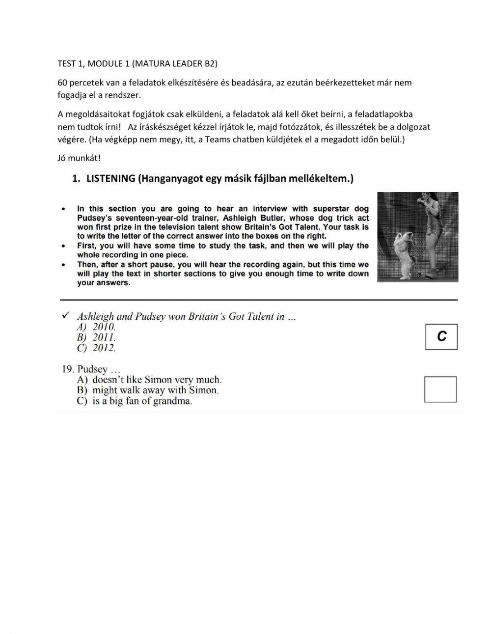 Matura Leader B2 Module 1 Test