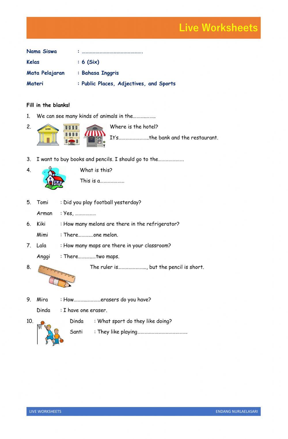 English Live Worksheet about Public Places, Adjectives, Sport