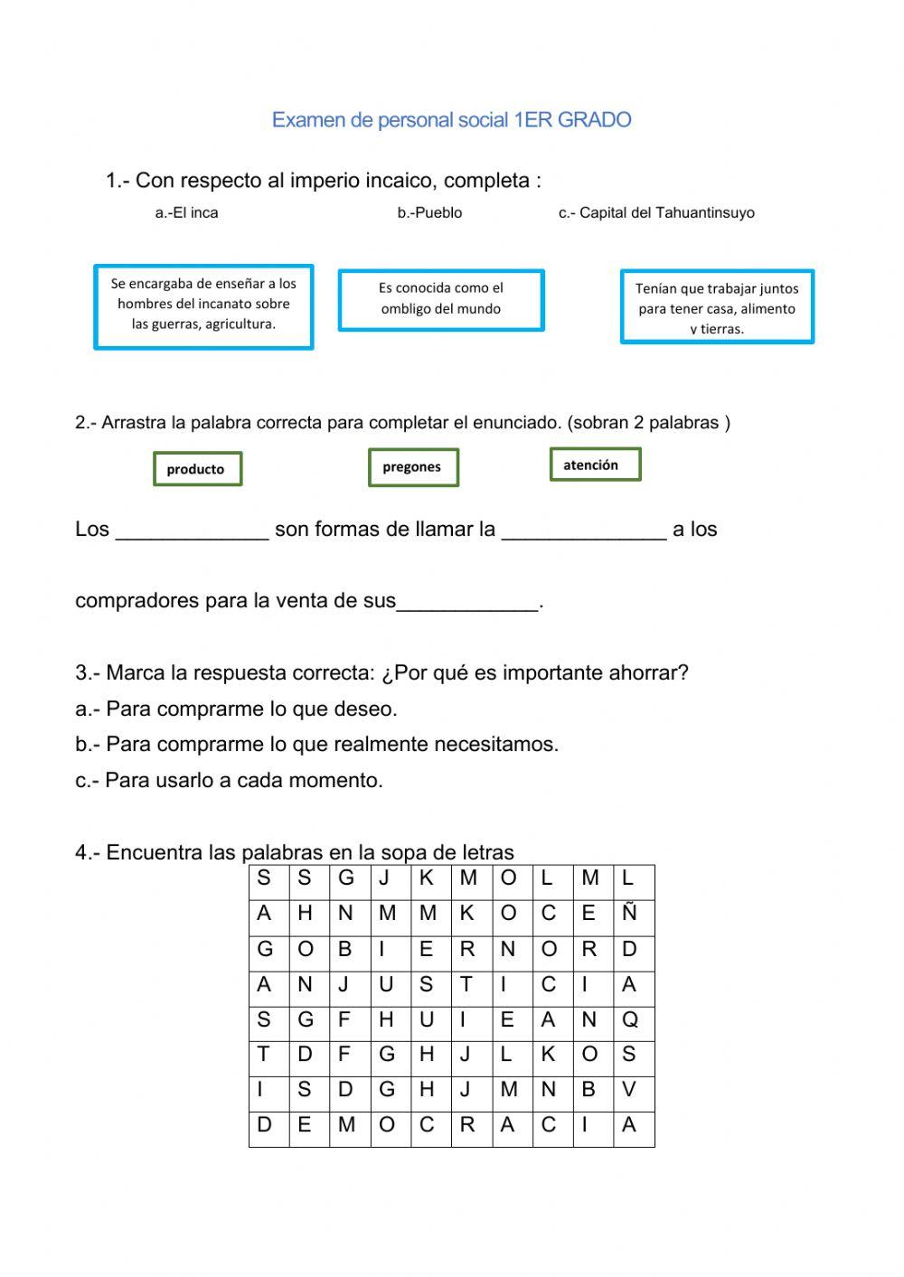 Examen de personal social 1ero