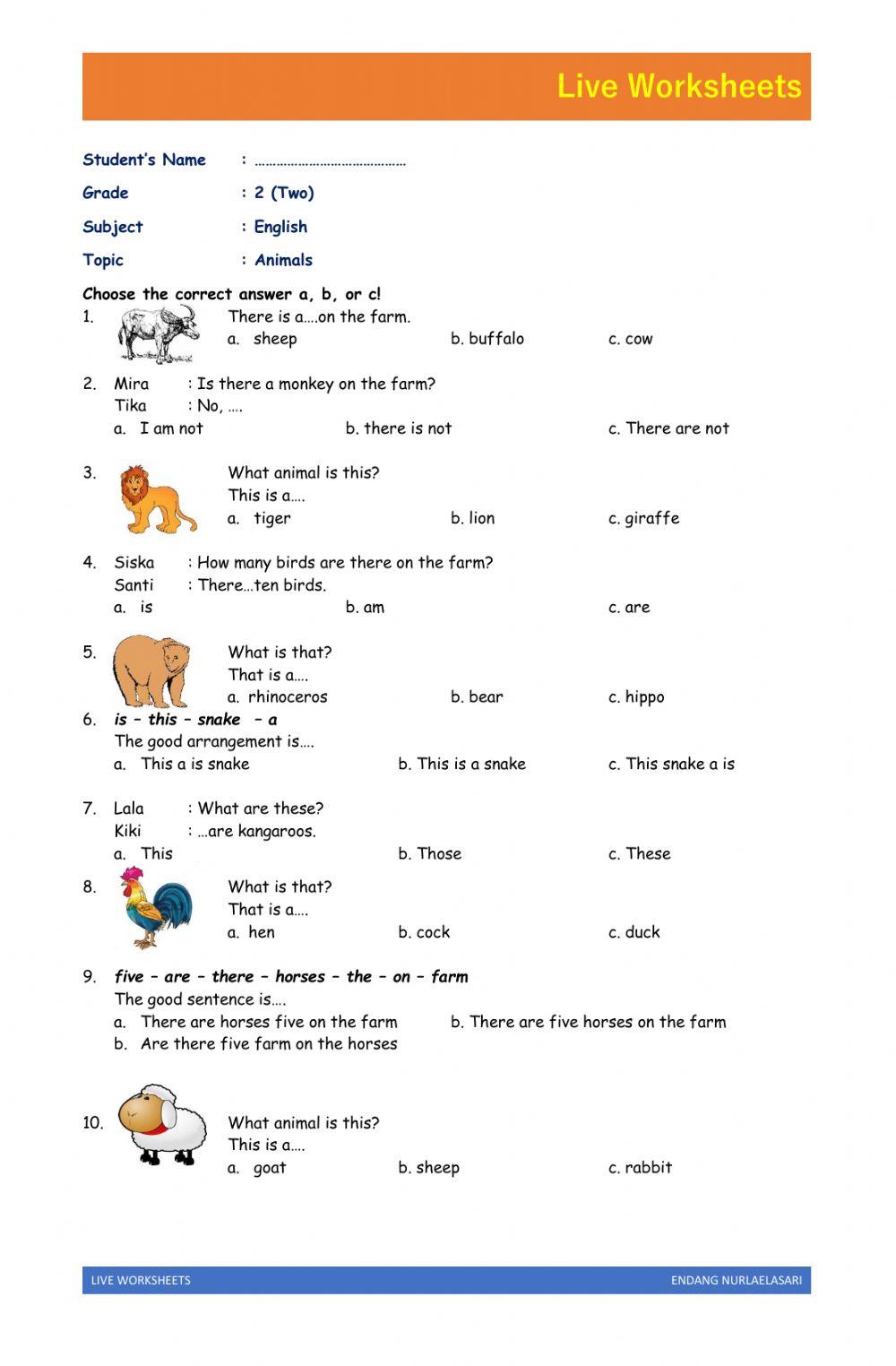 English Live Worksheet about Animals