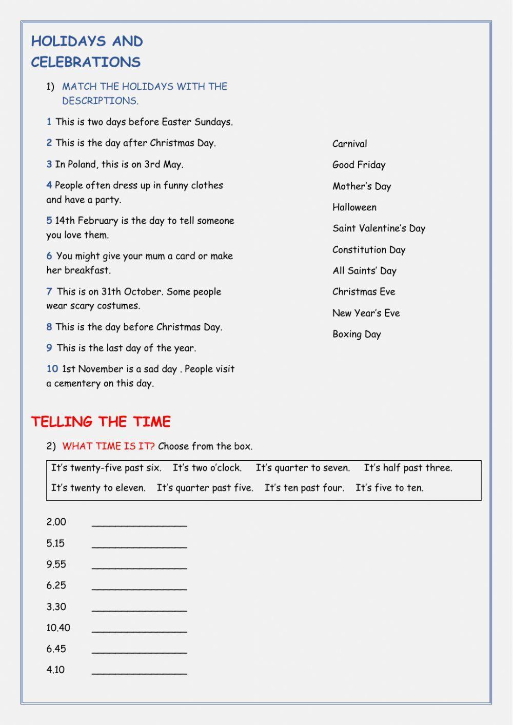 Holidays and Celebrations,Telling the time,Dates