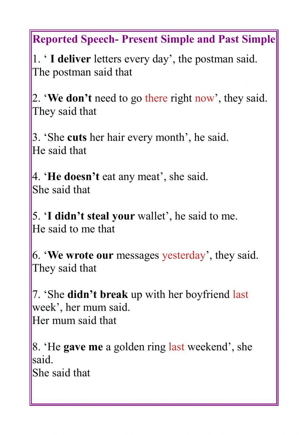 Reported speech present simple worksheet