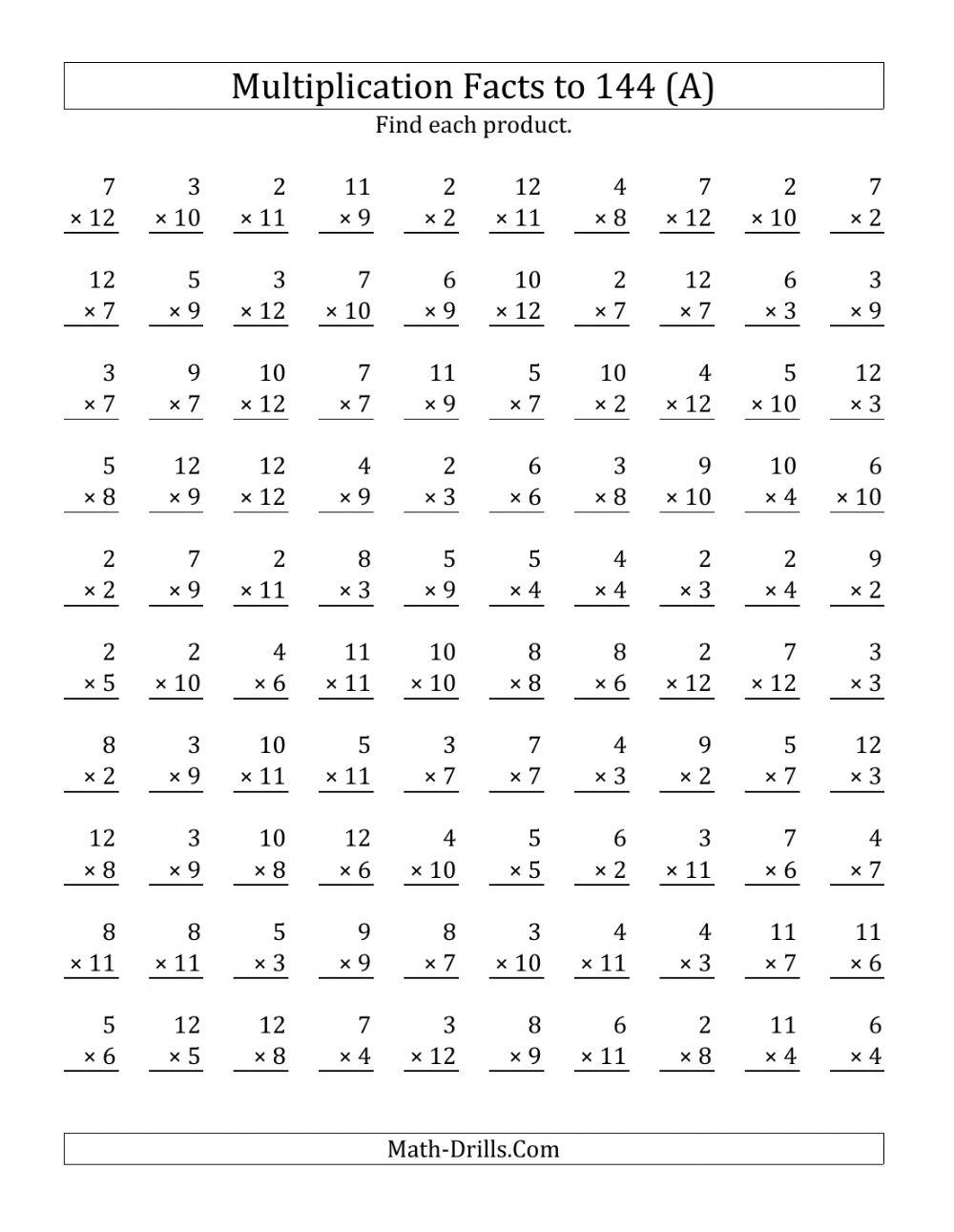 100 Multiplication facts