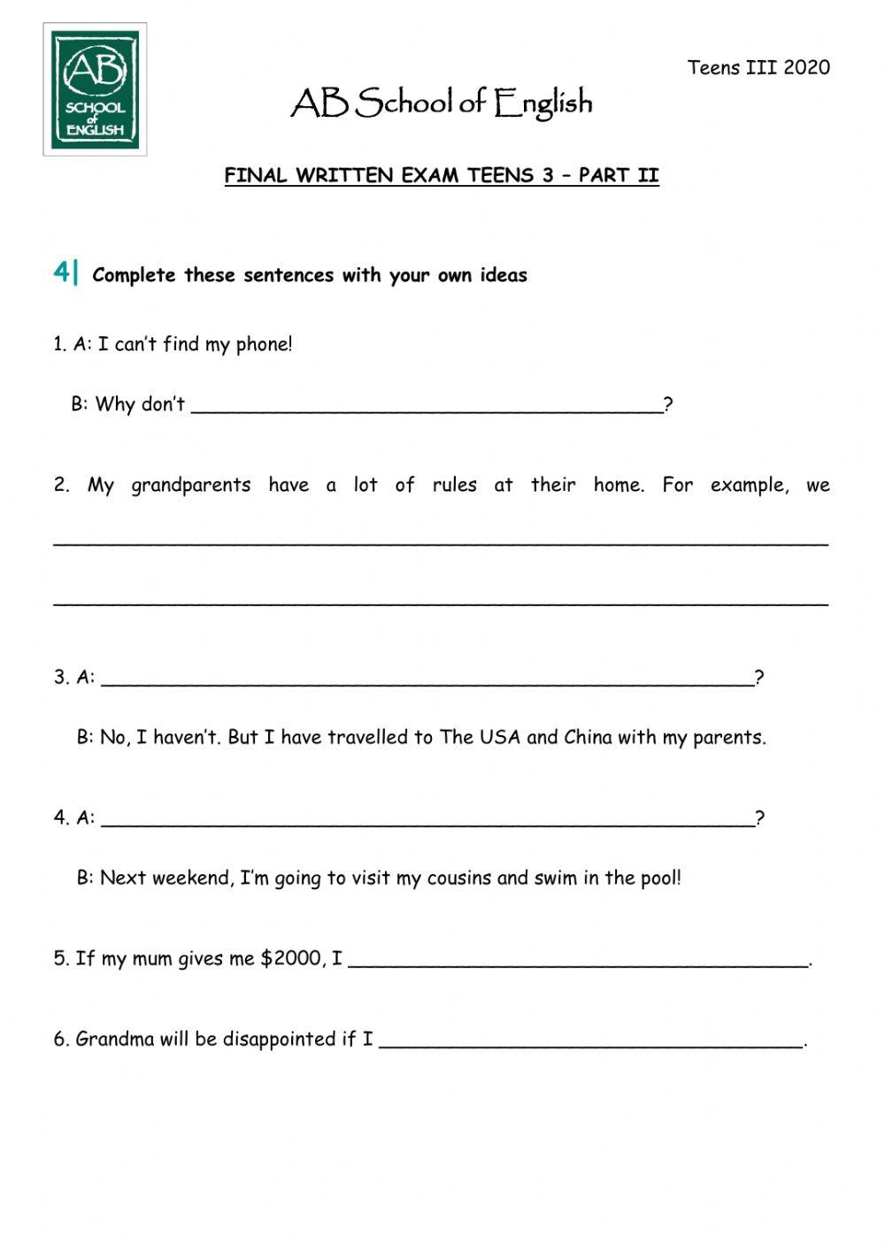 Final Exam - Teens 3 - SS Part II Final Exam - Teens 3 - SS Part II