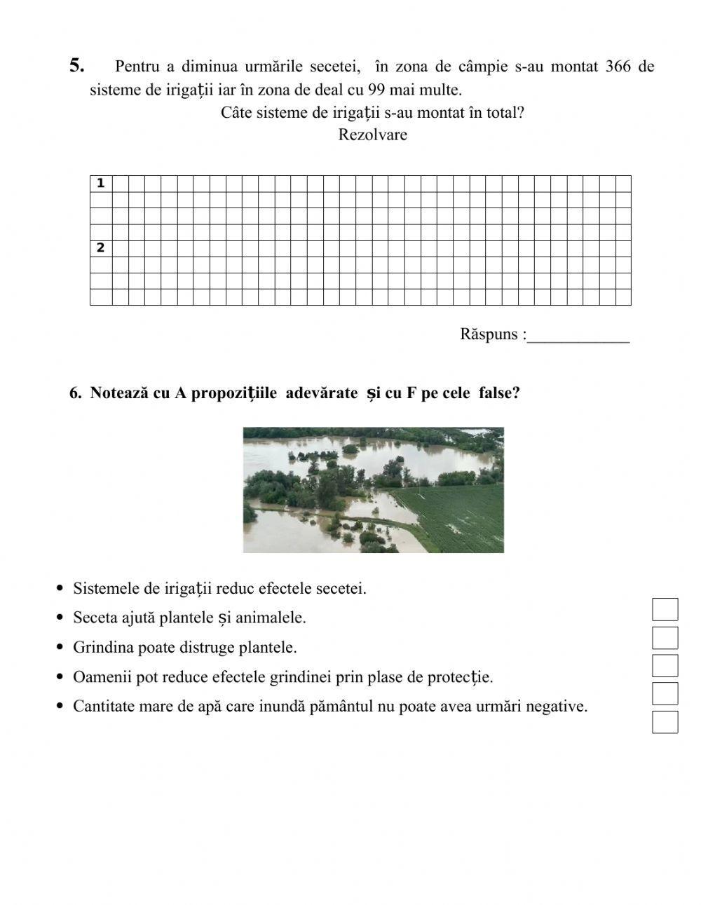 Test de evaluare- Adunarea și scăderea  numerelor naturale de la 0 la 1000. Fenomene naturale și mediul înconjurător