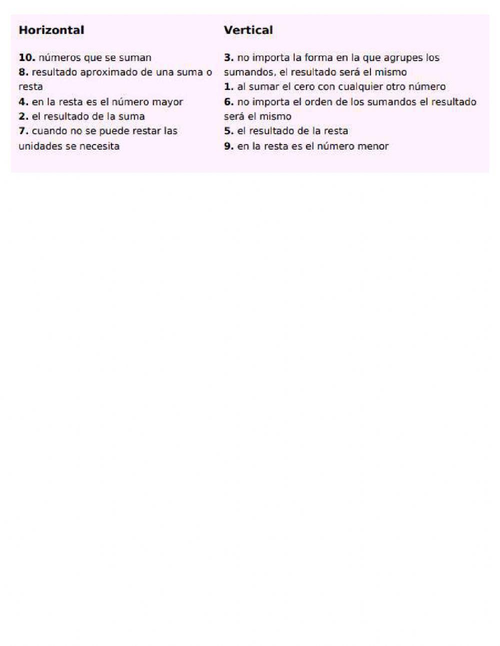 Suma, Resta Vocabulario