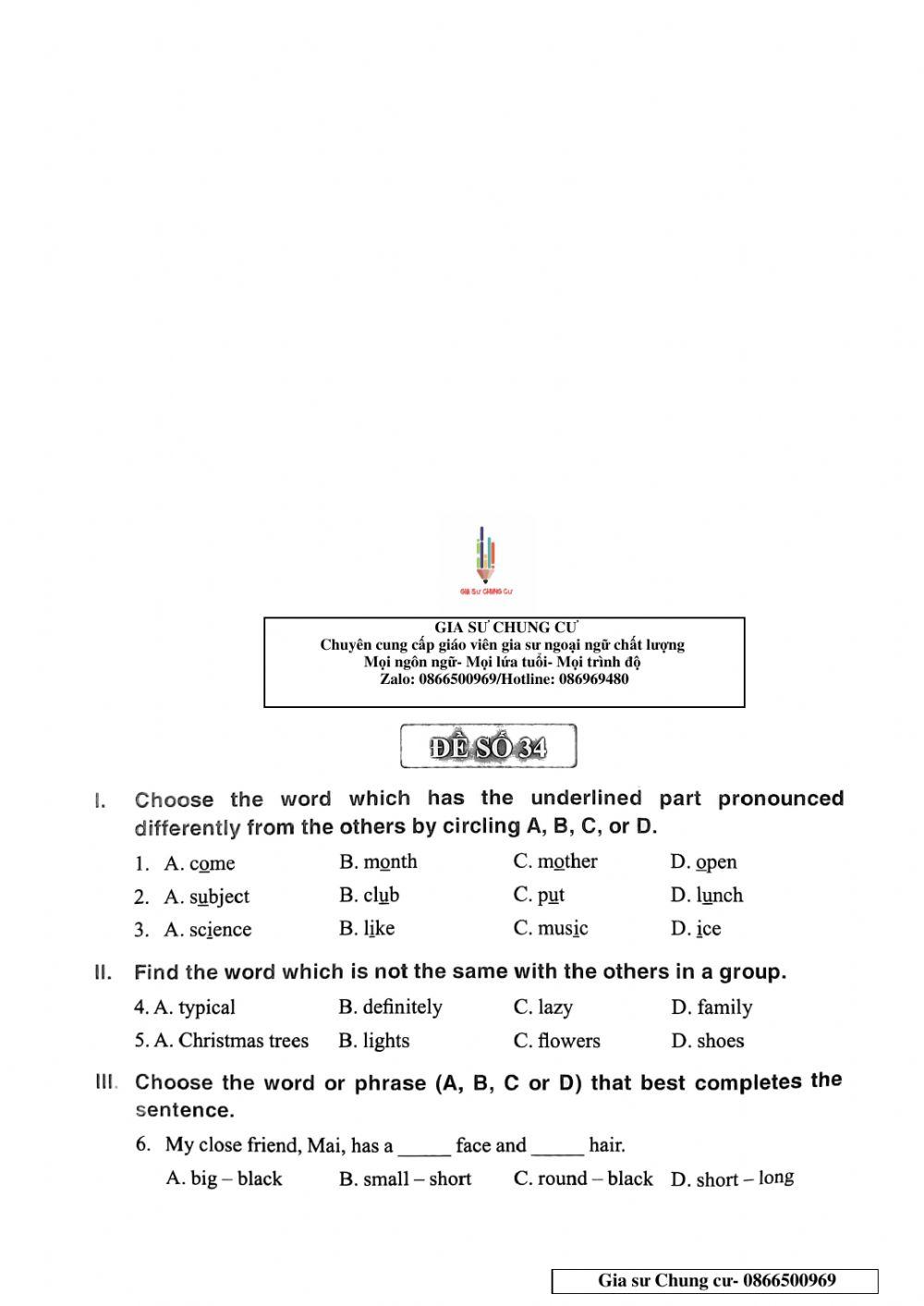 Chinh Phục bộ đề thi Tiếng Anh vào lớp 6 - Đề 34