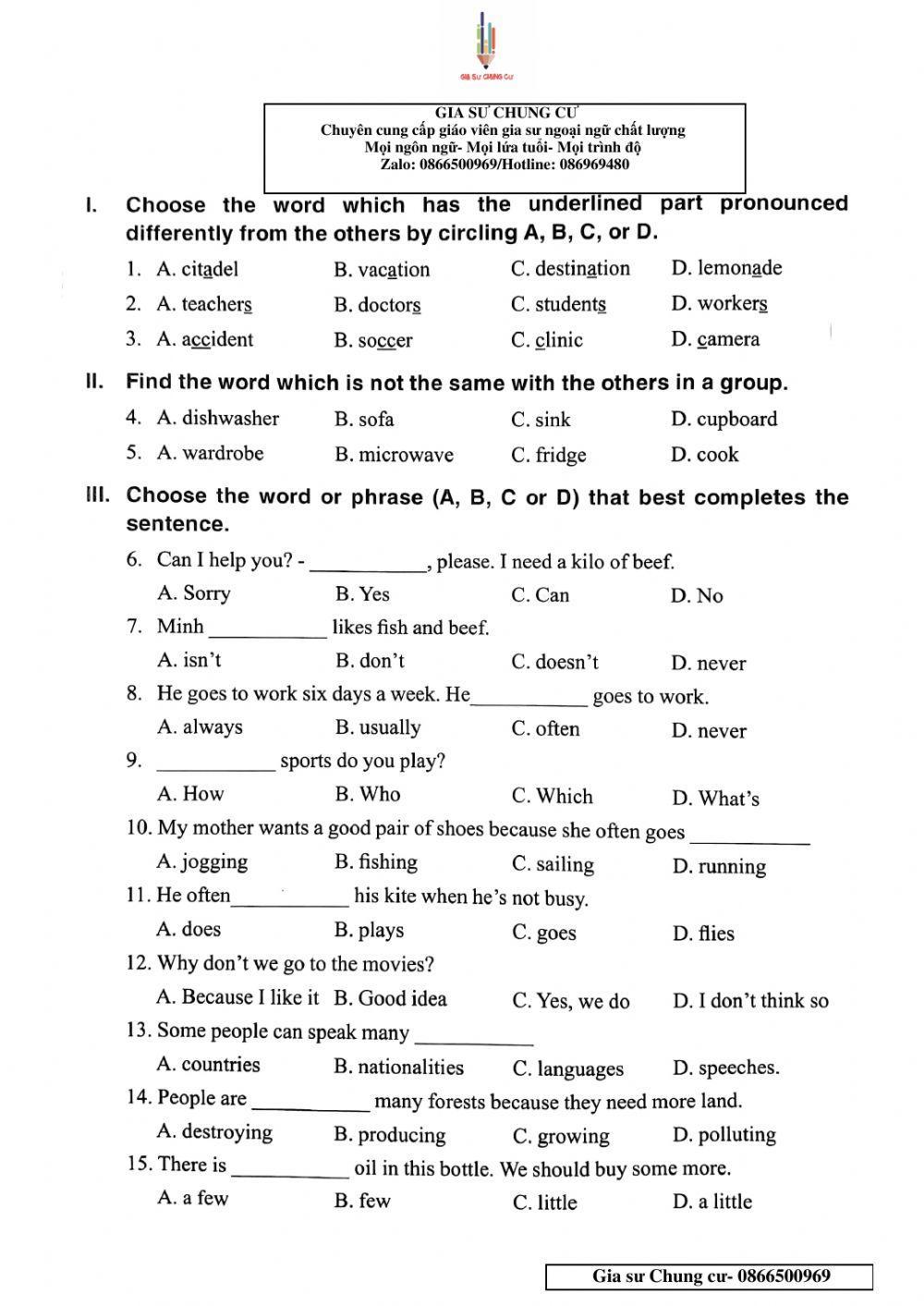 Chinh Phục bộ đề thi Tiếng Anh vào lớp 6 - Đề 35