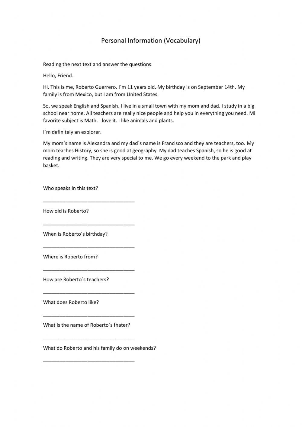 Personal Information online exercise for A1 | Live Worksheets