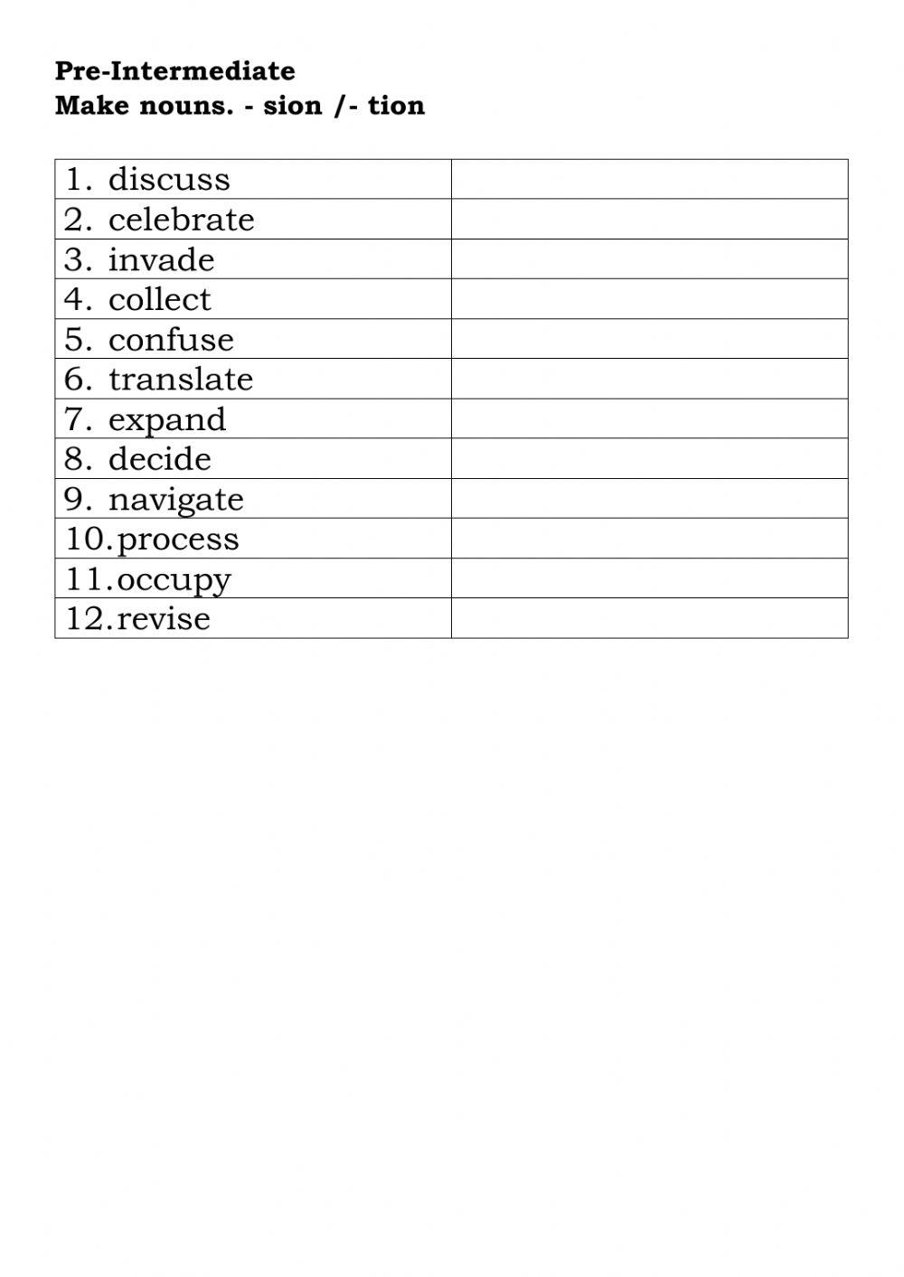 Make nouns. sion tion worksheet Live Worksheets