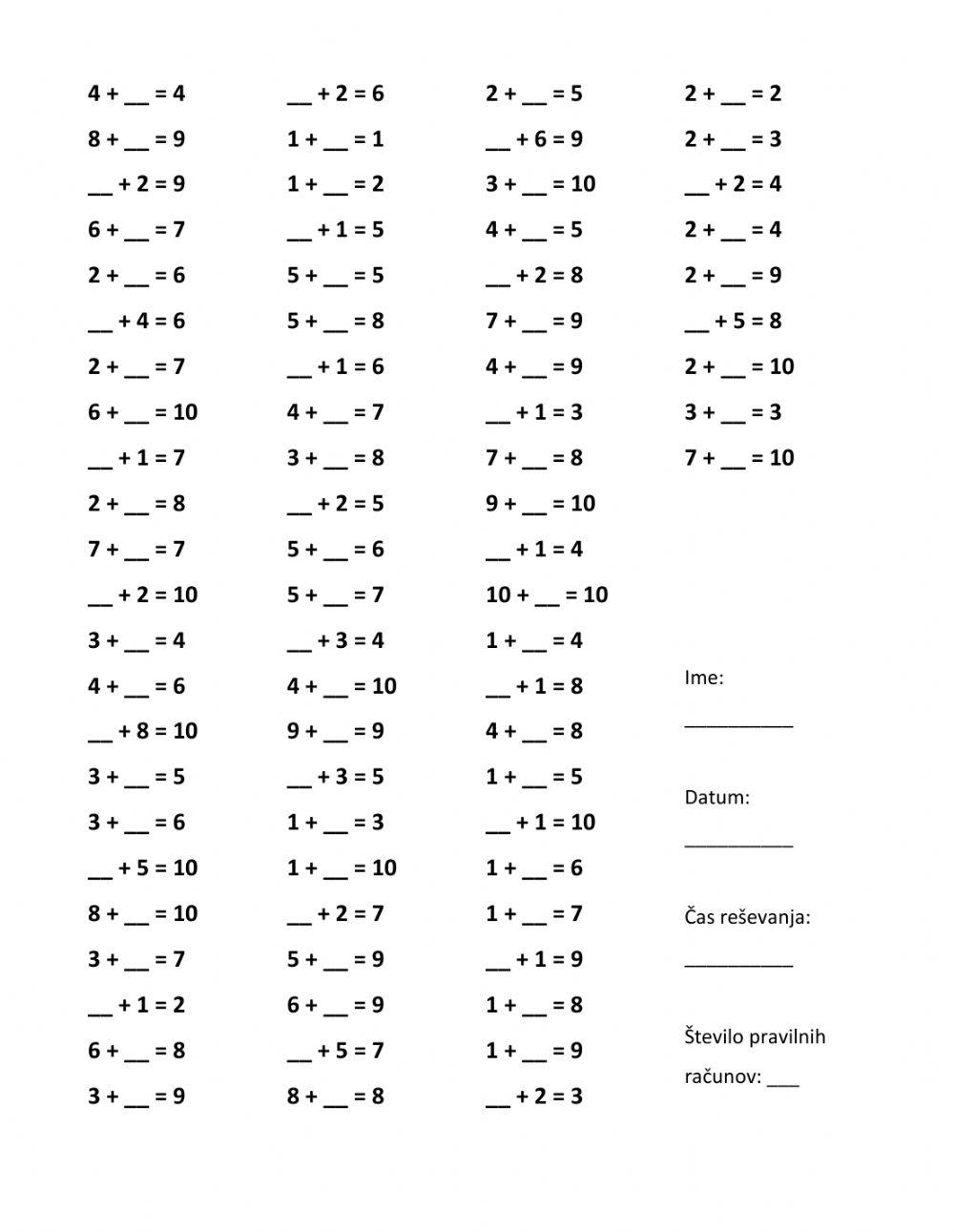 Neznani člen pri seštevanju - računanje do 10 (2.)
