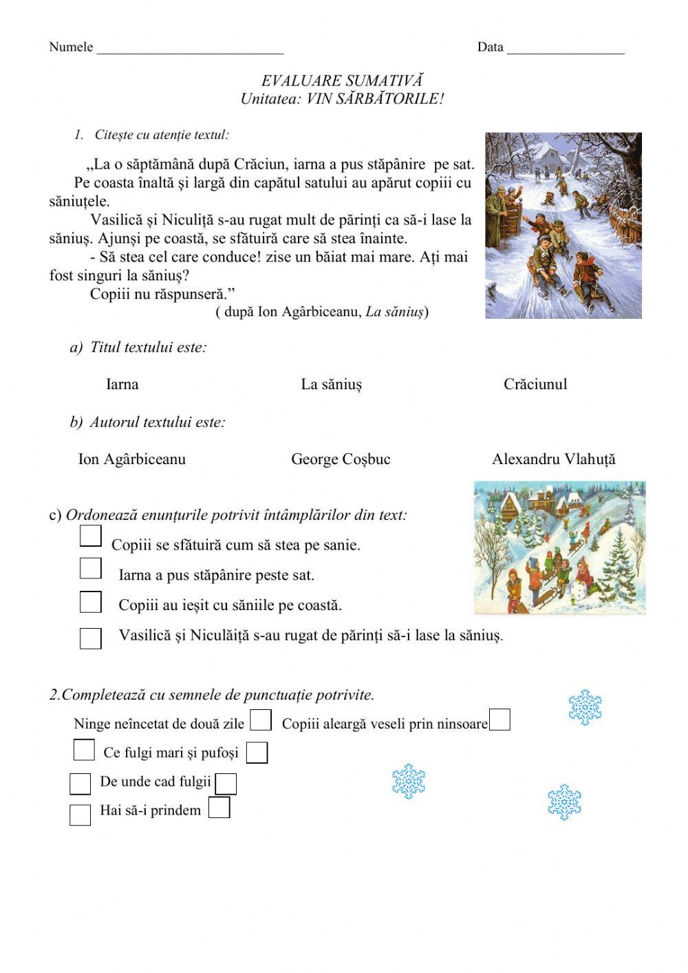 Evaluare unitatea ,,Vin sarbatorile”