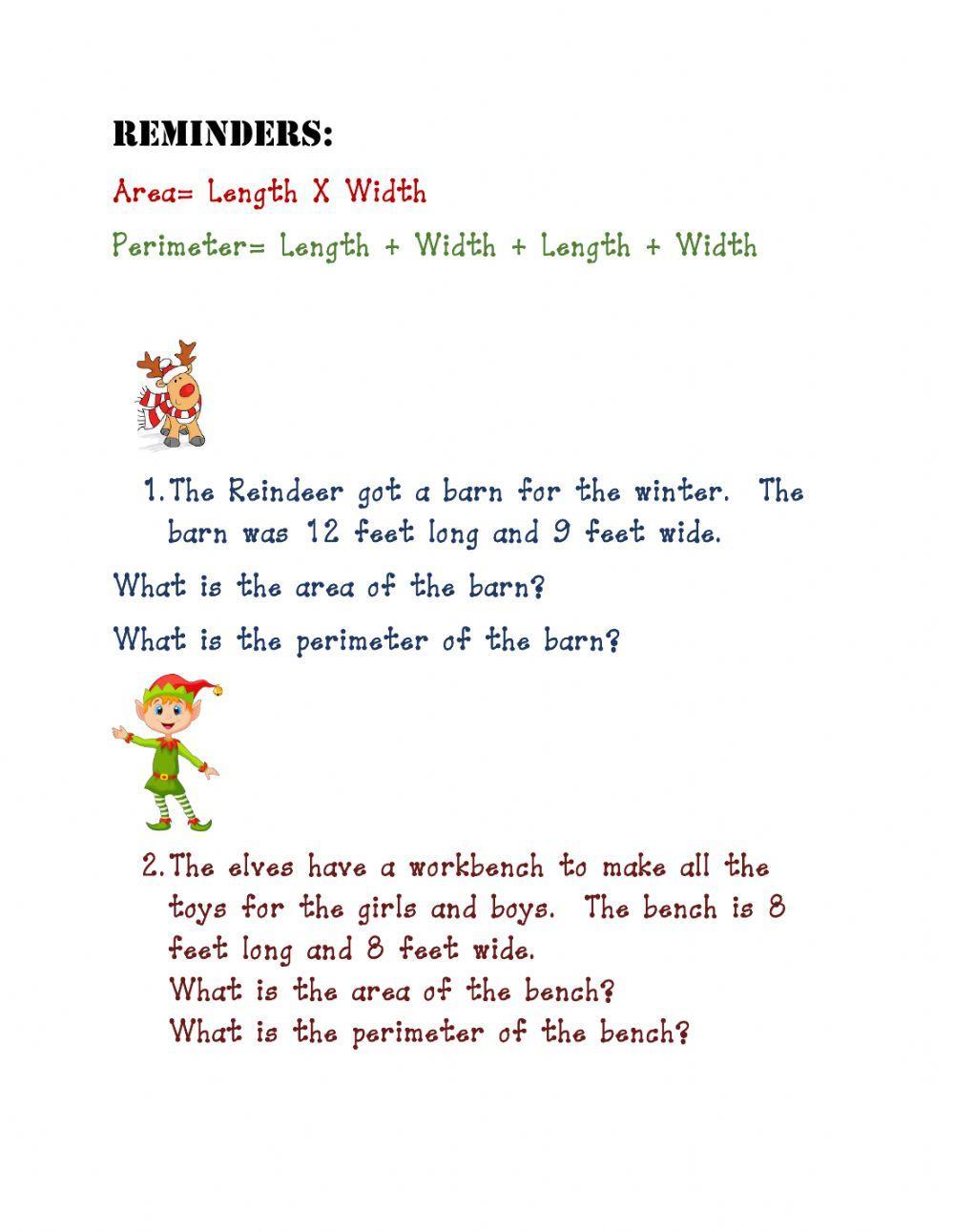Christmas Area and Perimeter Word Problems
